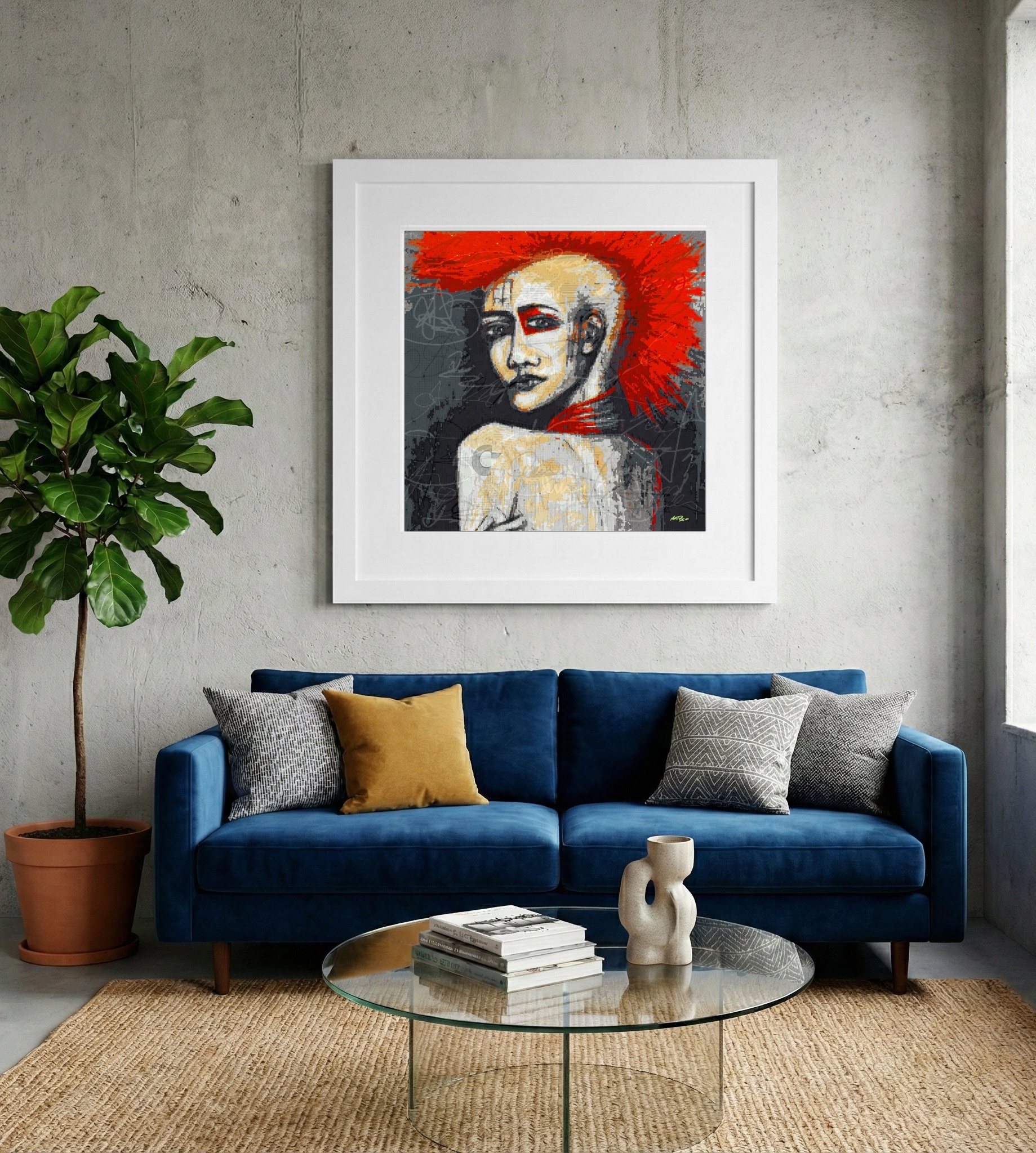 Red and Gray Punk Girl Digital Art — art on the wall, room interior preview 2