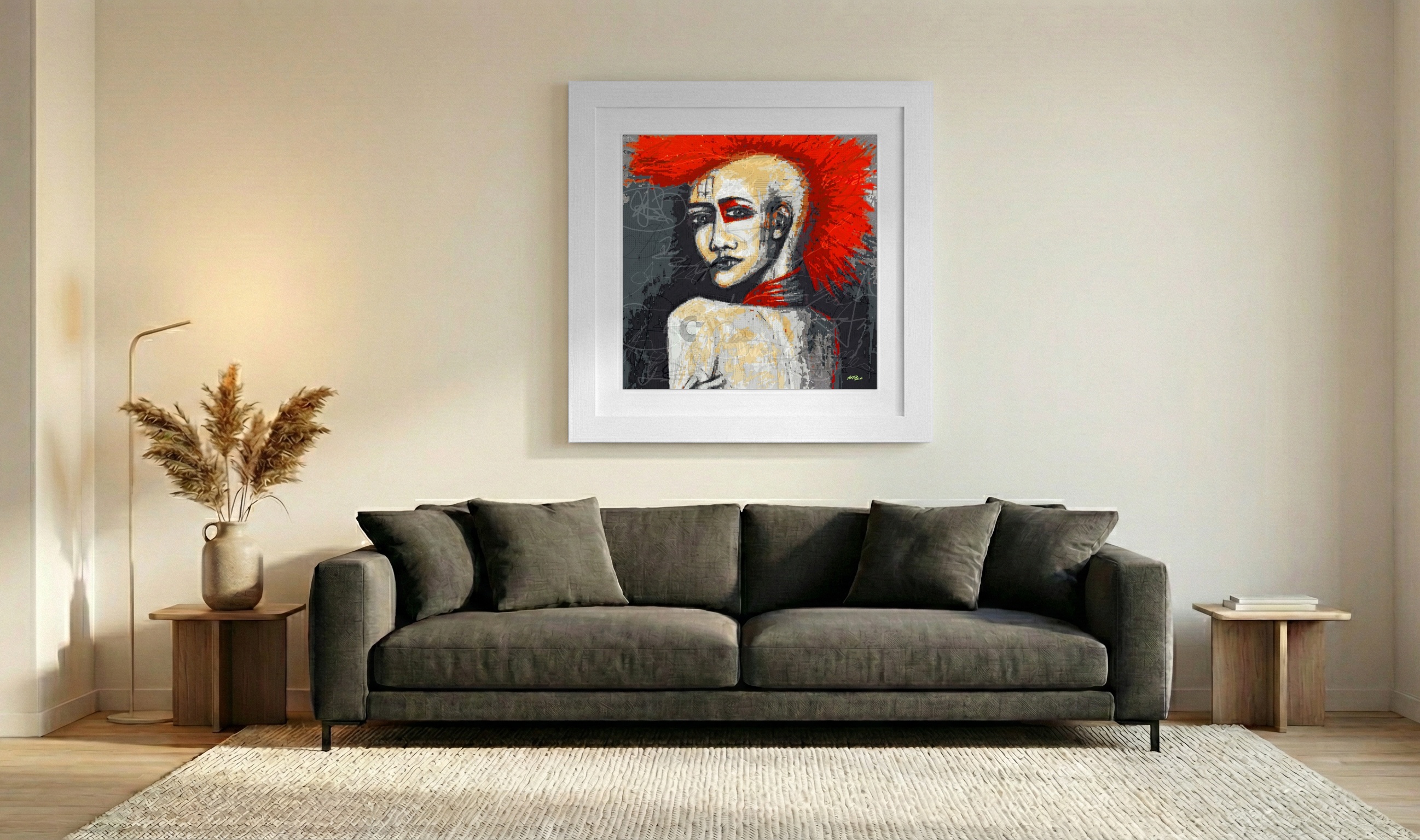 Red and Gray Punk Girl Digital Art — art on the wall, room interior preview 3