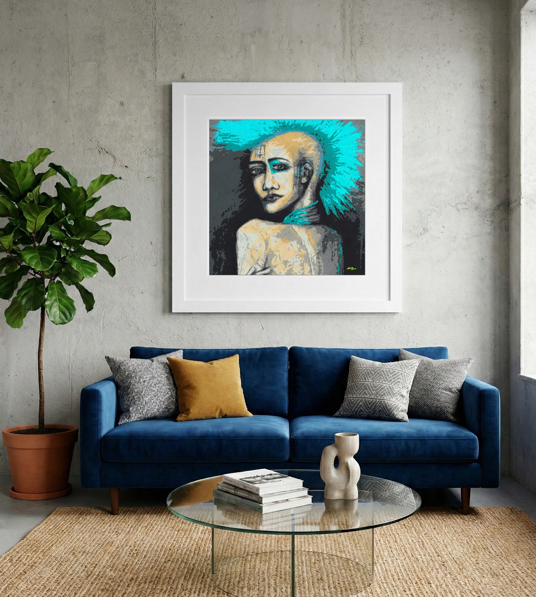 Turquoise Digital Portrait with Punk Vibes — art on the wall, room interior preview 2