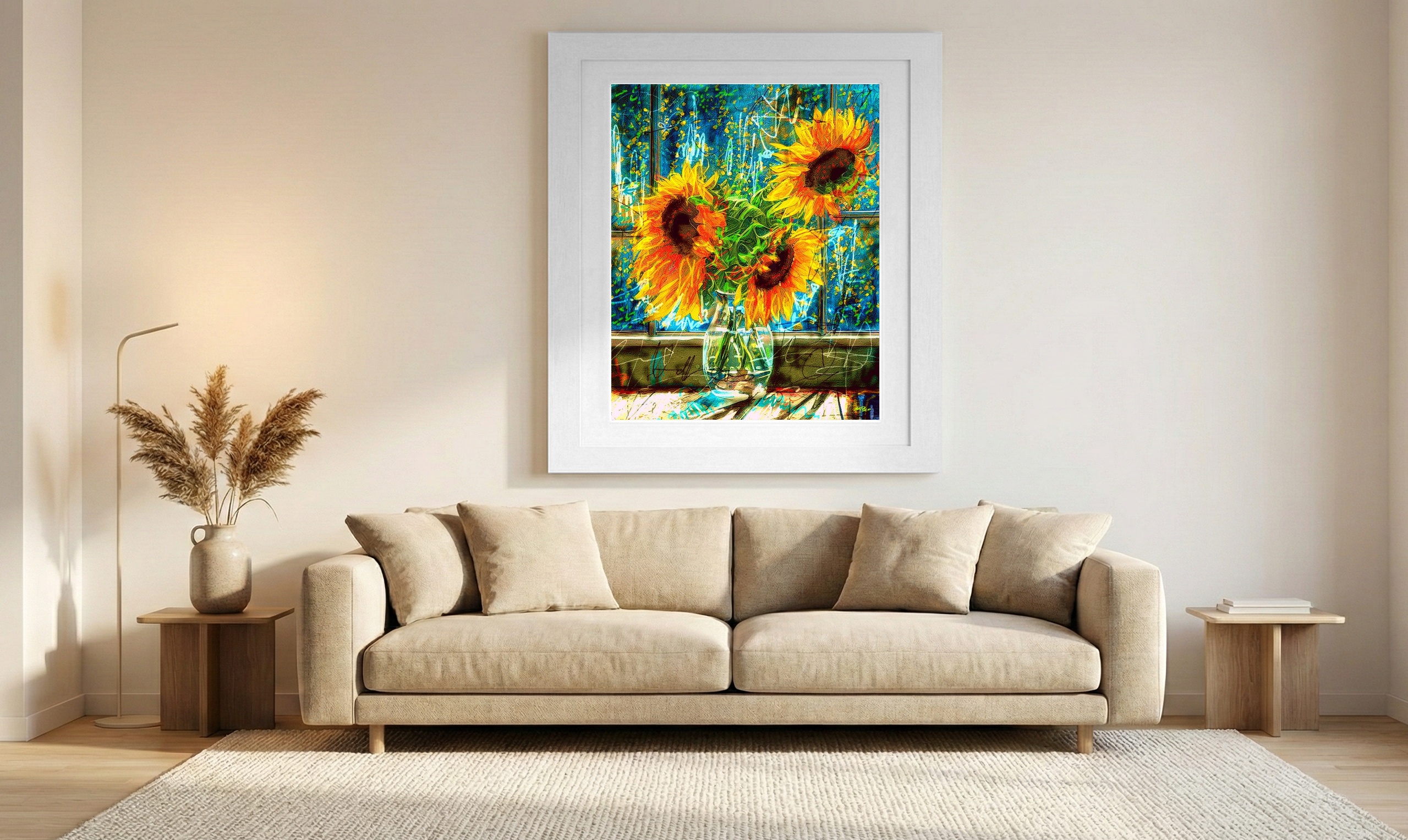 Bright Sunflower Trio Digital Artwork — art on the wall, room interior preview 1