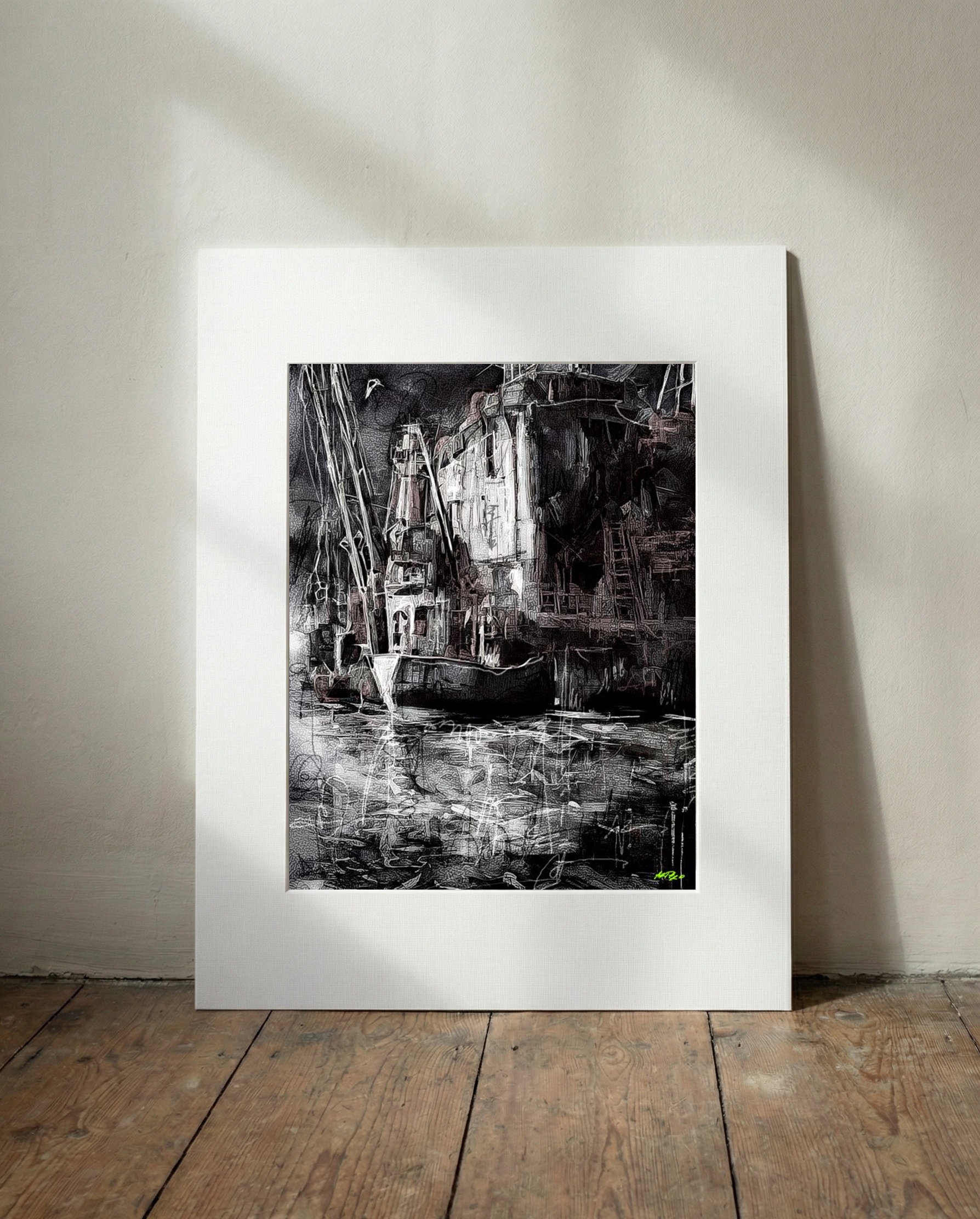 Serene Black and White Port Scene — art on the wall, room interior preview 3