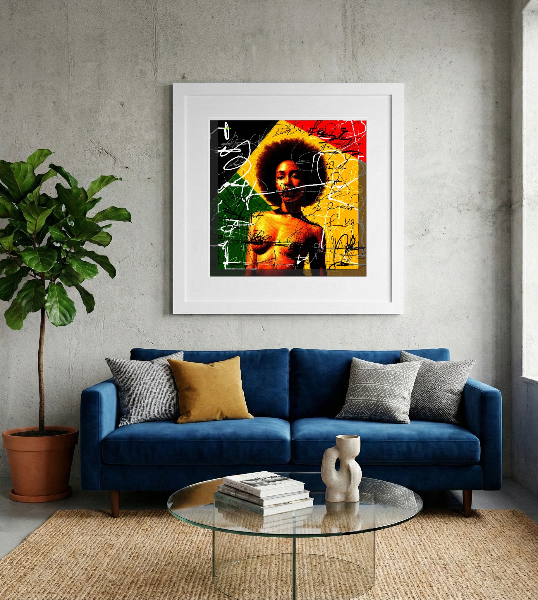 Gold and Green Jamaican Girl Portrait — art on the wall, room interior preview 2