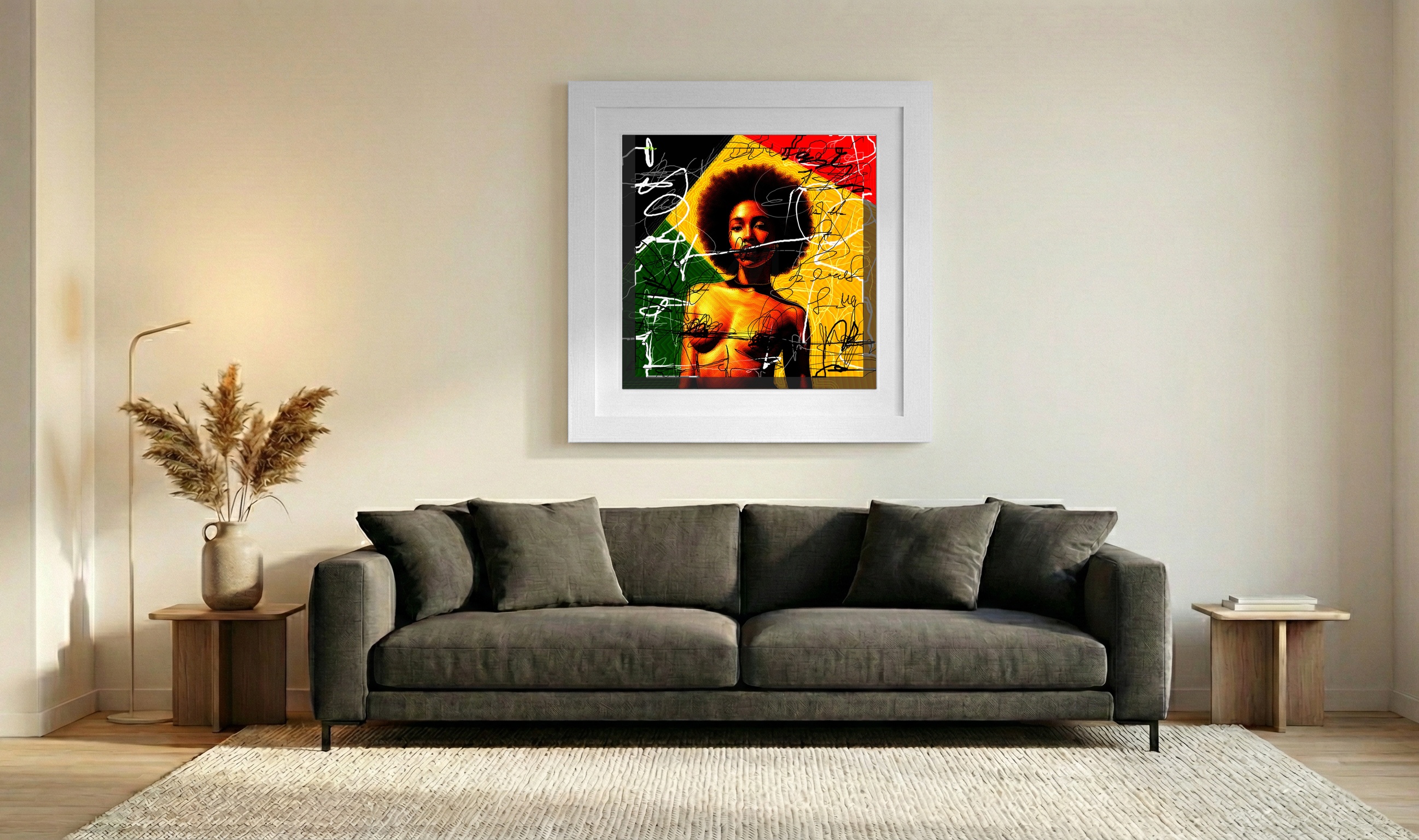 Gold and Green Jamaican Girl Portrait — art on the wall, room interior preview 3