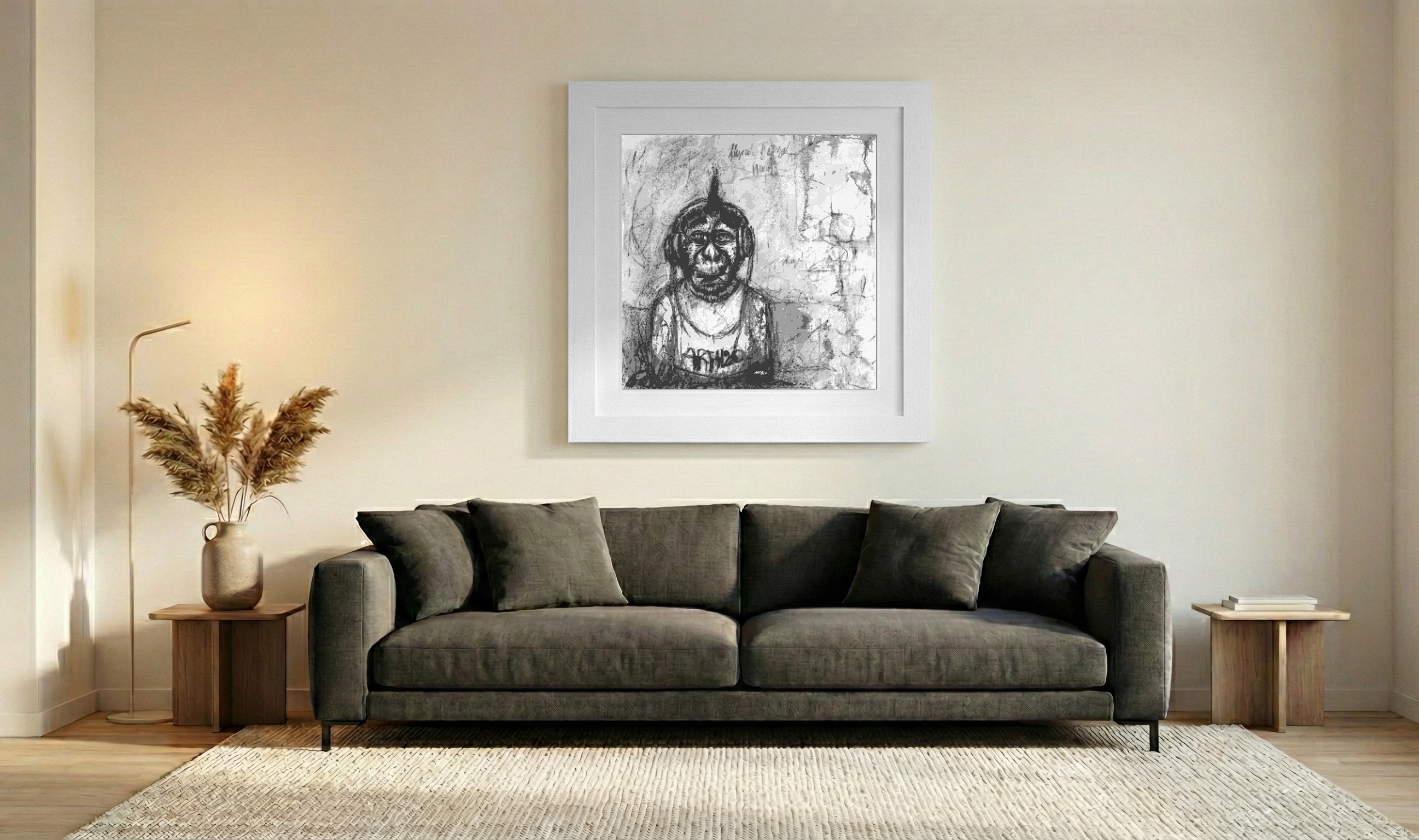 Urban Rebel Punk Monkey in Black and White — art on the wall, room interior preview 3