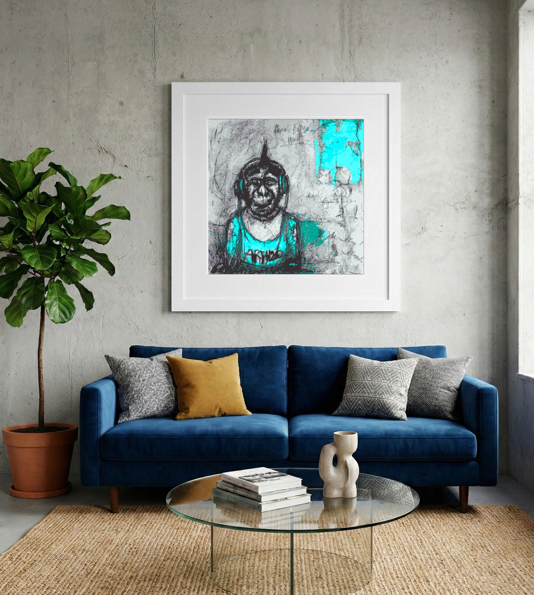 Turquoise Punk Monkey Digital Art — art on the wall, room interior preview 2