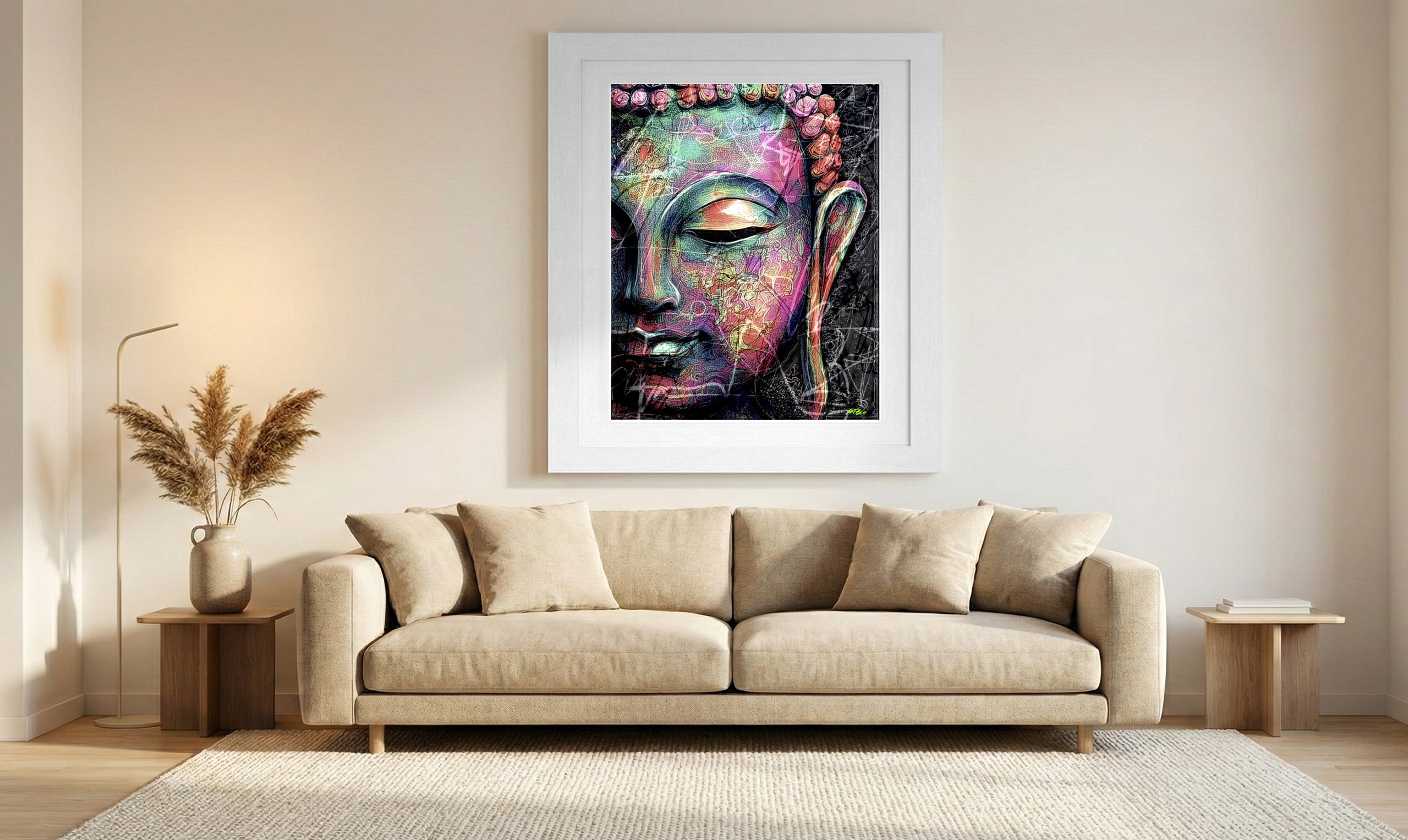 Radiant Pink and Gold Buddha Digital Print — art on the wall, room interior preview 1