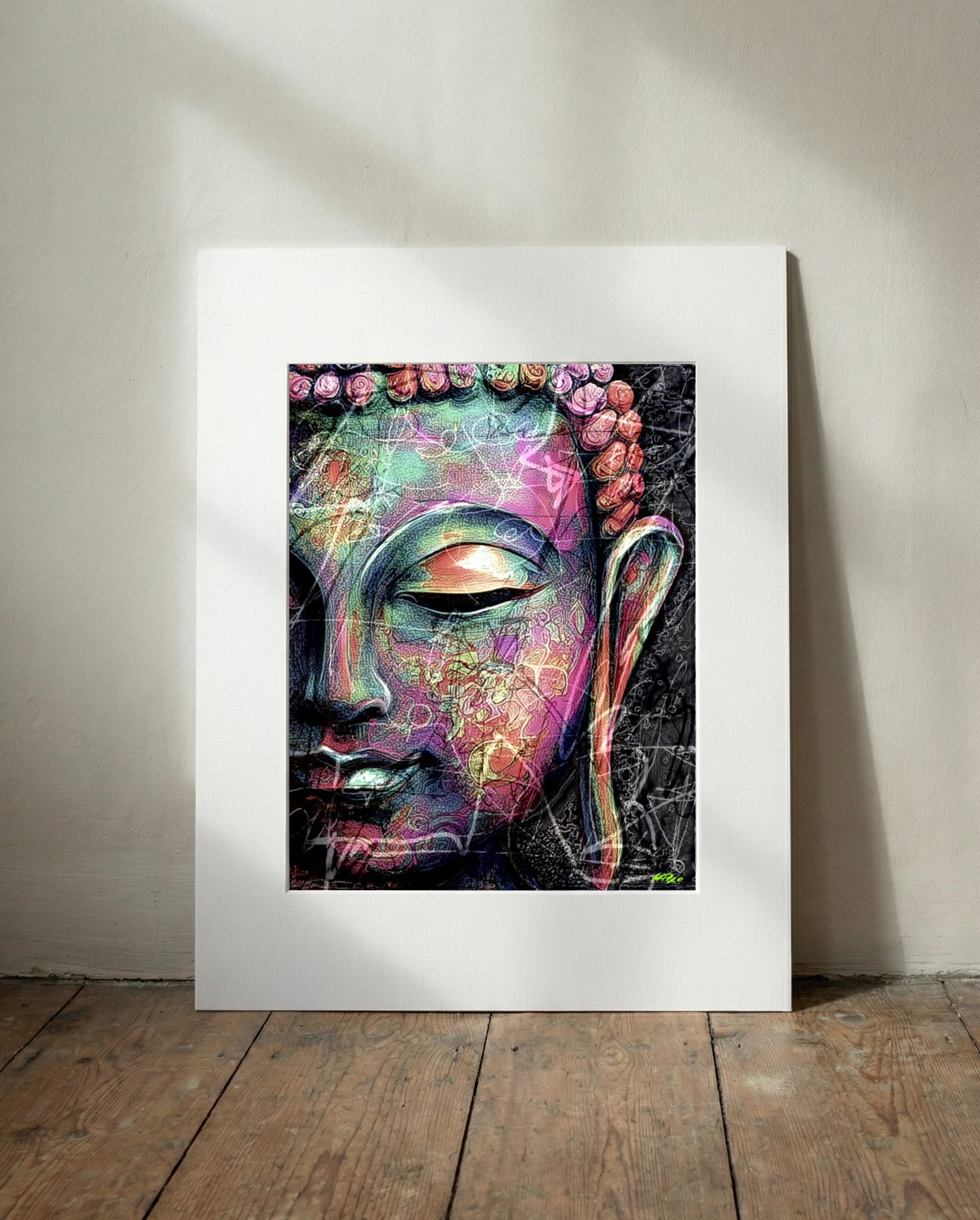 Radiant Pink and Gold Buddha Digital Print — art on the wall, room interior preview 3