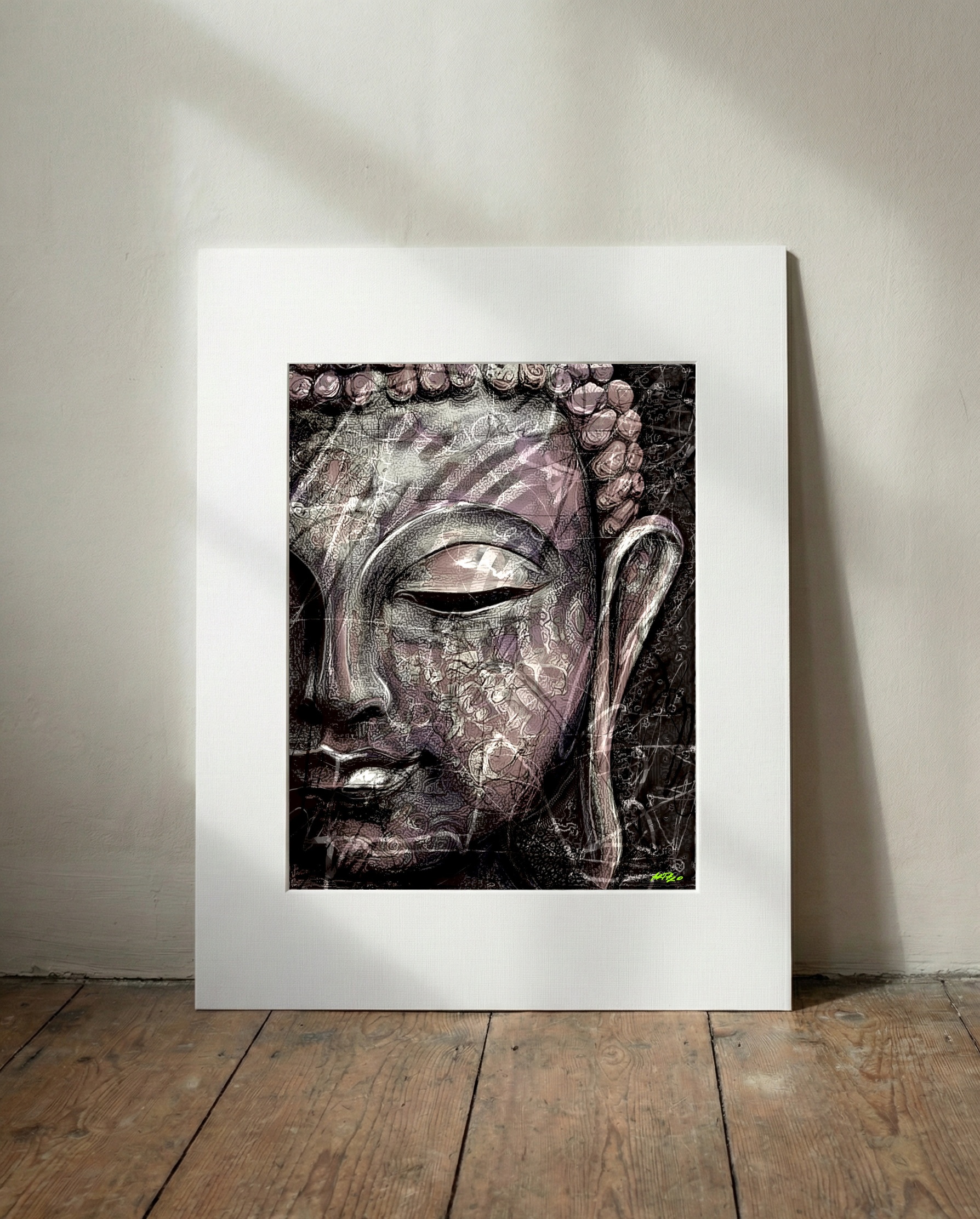 Black and Grey Buddha Digital Art — art on the wall, room interior preview 3