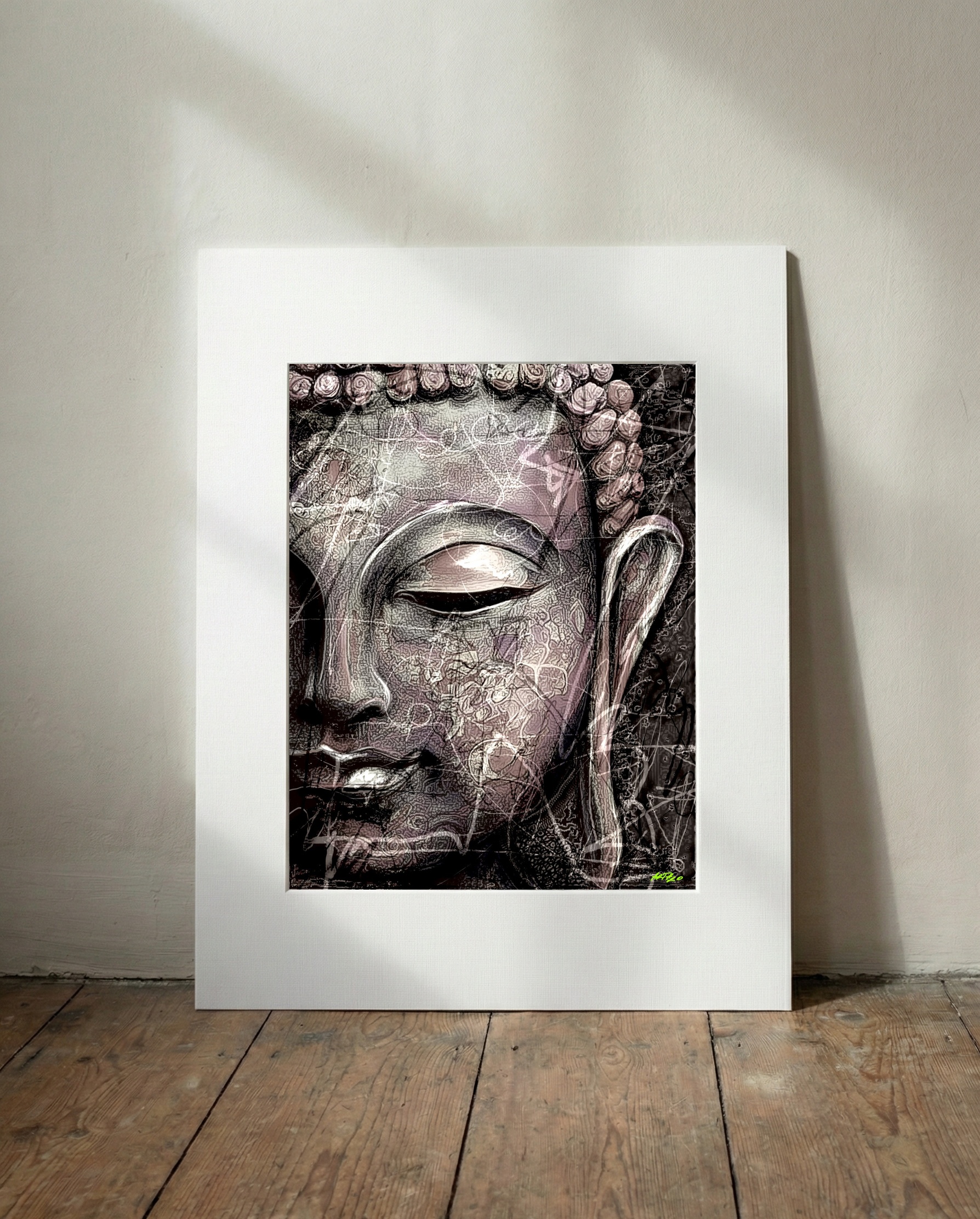Intricate Black and White Buddha Digital Print — art on the wall, room interior preview 3