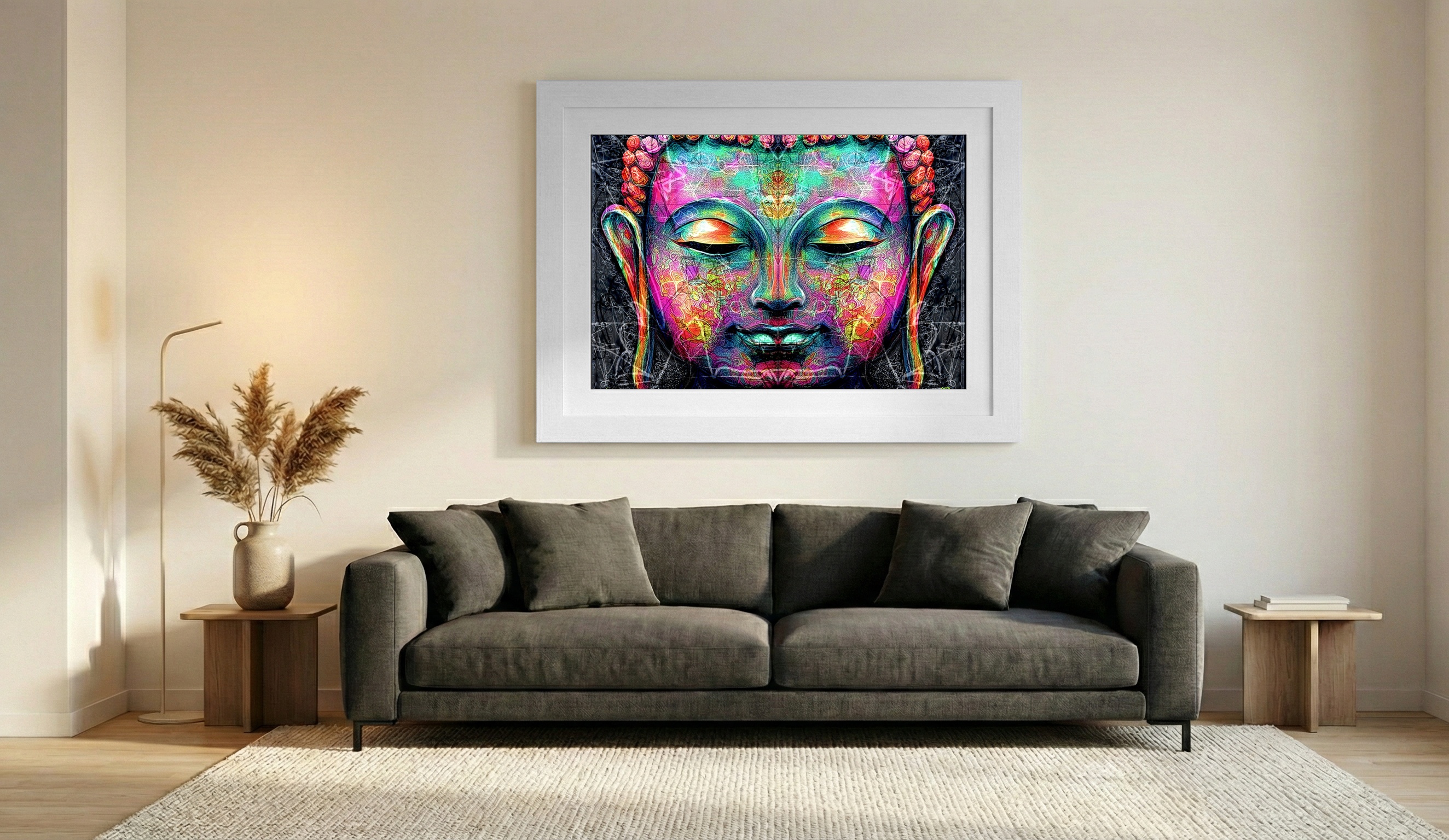 Teal and Magenta Buddha Digital Artwork — art on the wall, room interior preview 2