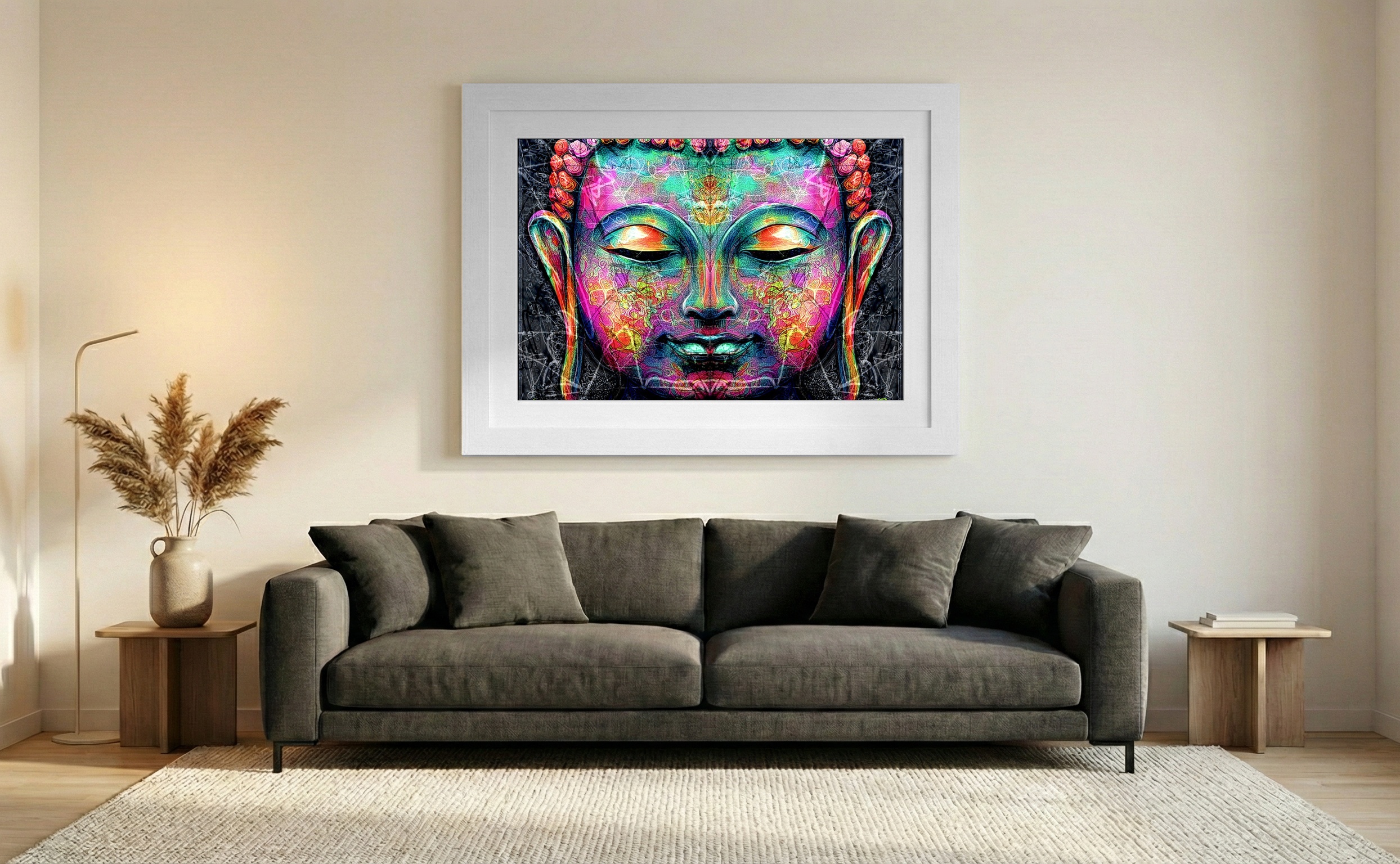 Teal and Magenta Buddha Digital Artwork — art on the wall, room interior preview 3
