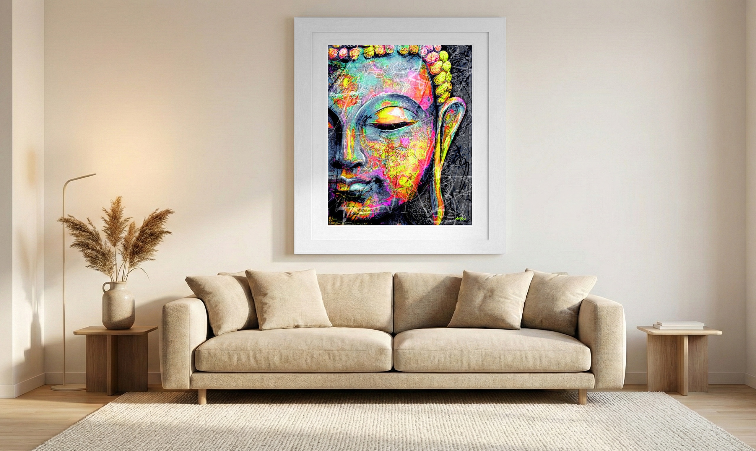 Neon Buddha Digital Artwork — art on the wall, room interior preview 1