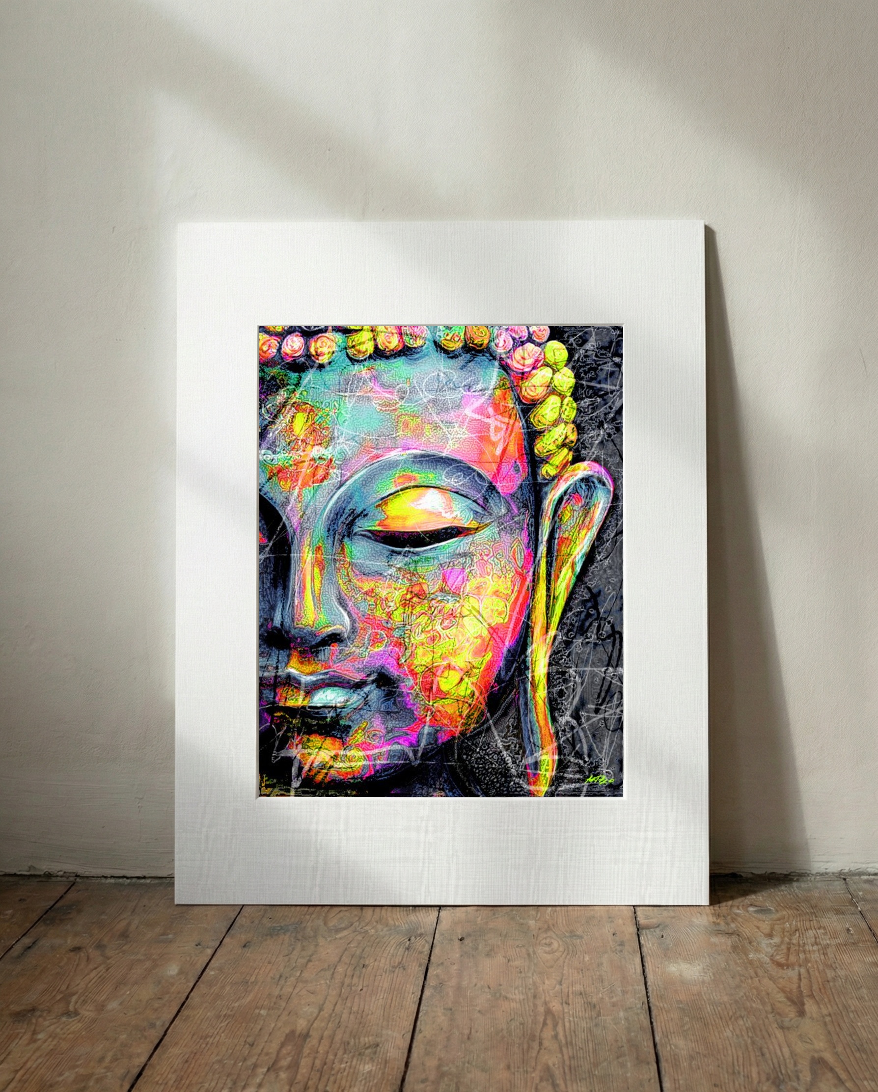 Neon Buddha Digital Artwork — art on the wall, room interior preview 3