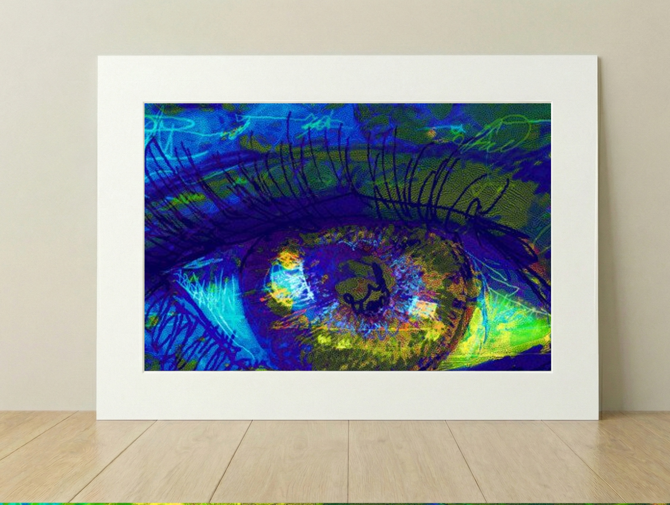 Vibrant Eye with Colorful Depth Digital Print — art on the wall, room interior preview 1