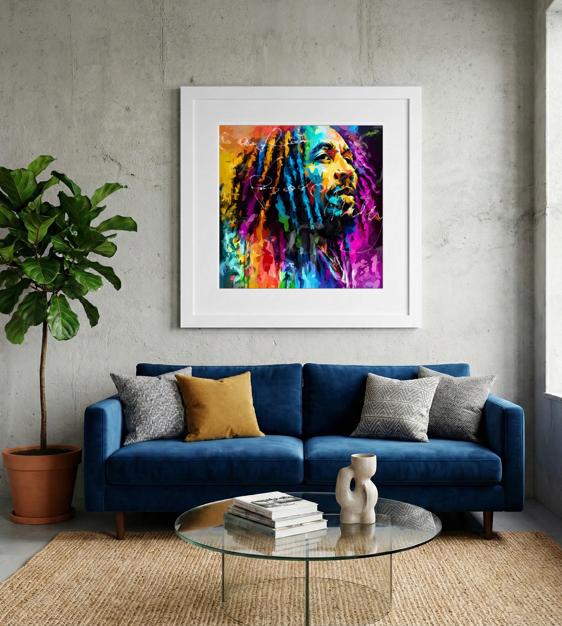 Bright Blues and Oranges Bob Marley Art Print — art on the wall, room interior preview 2