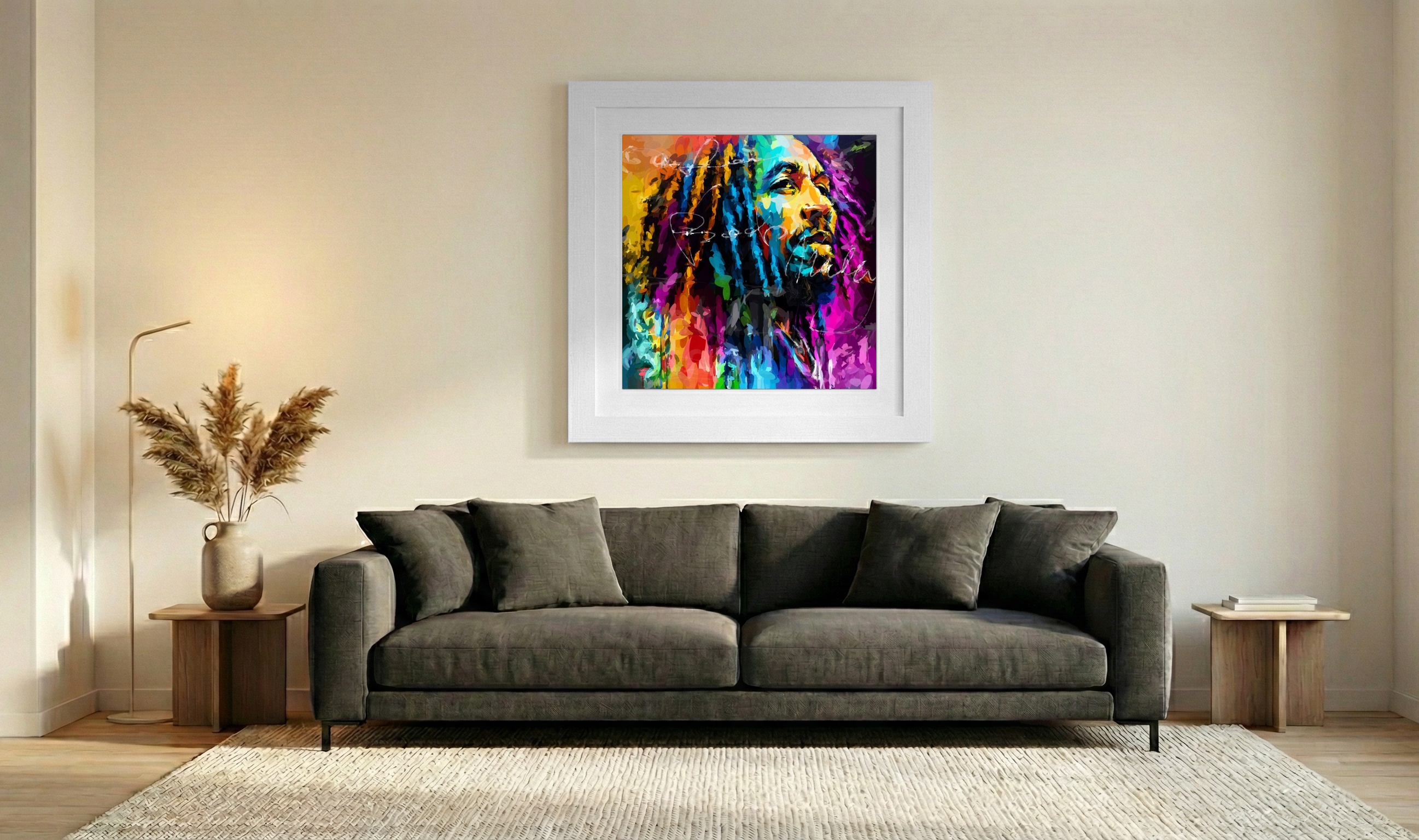Bright Blues and Oranges Bob Marley Art Print — art on the wall, room interior preview 3