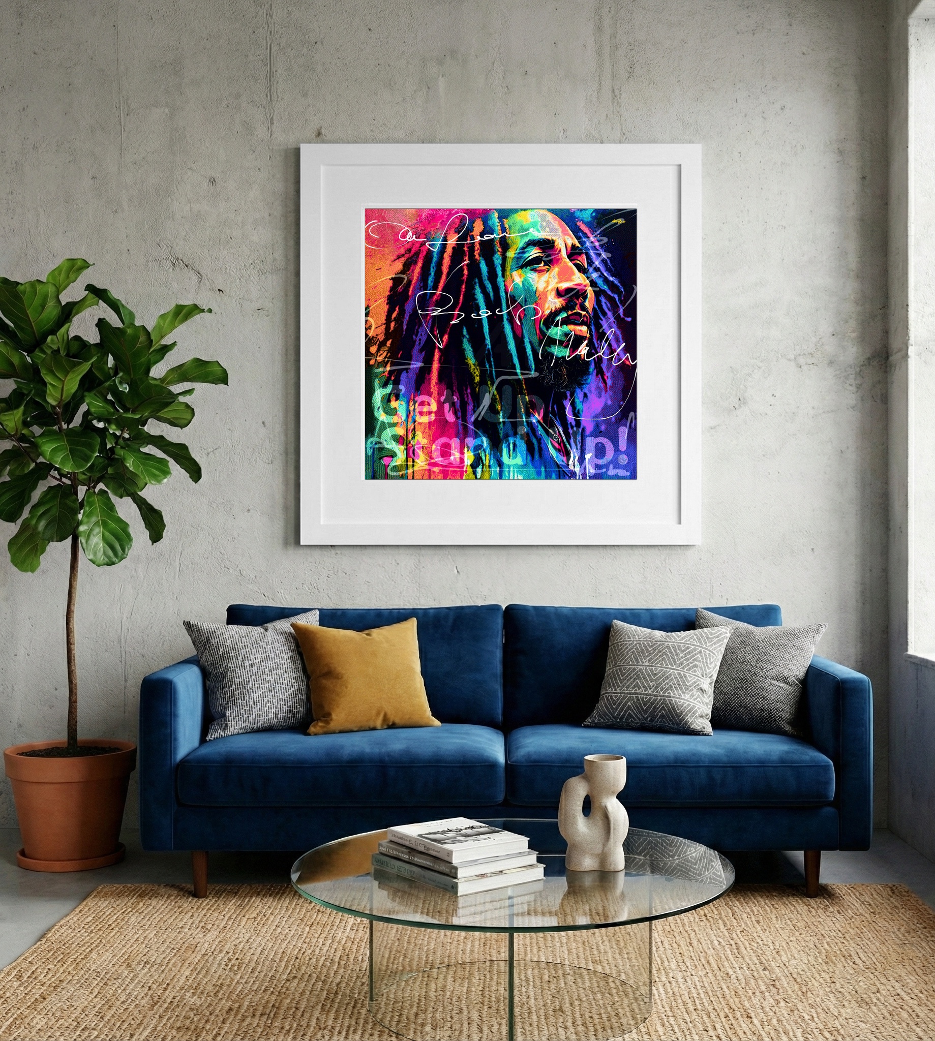 Lillac and Teal Bob Marley Portrait — art on the wall, room interior preview 2