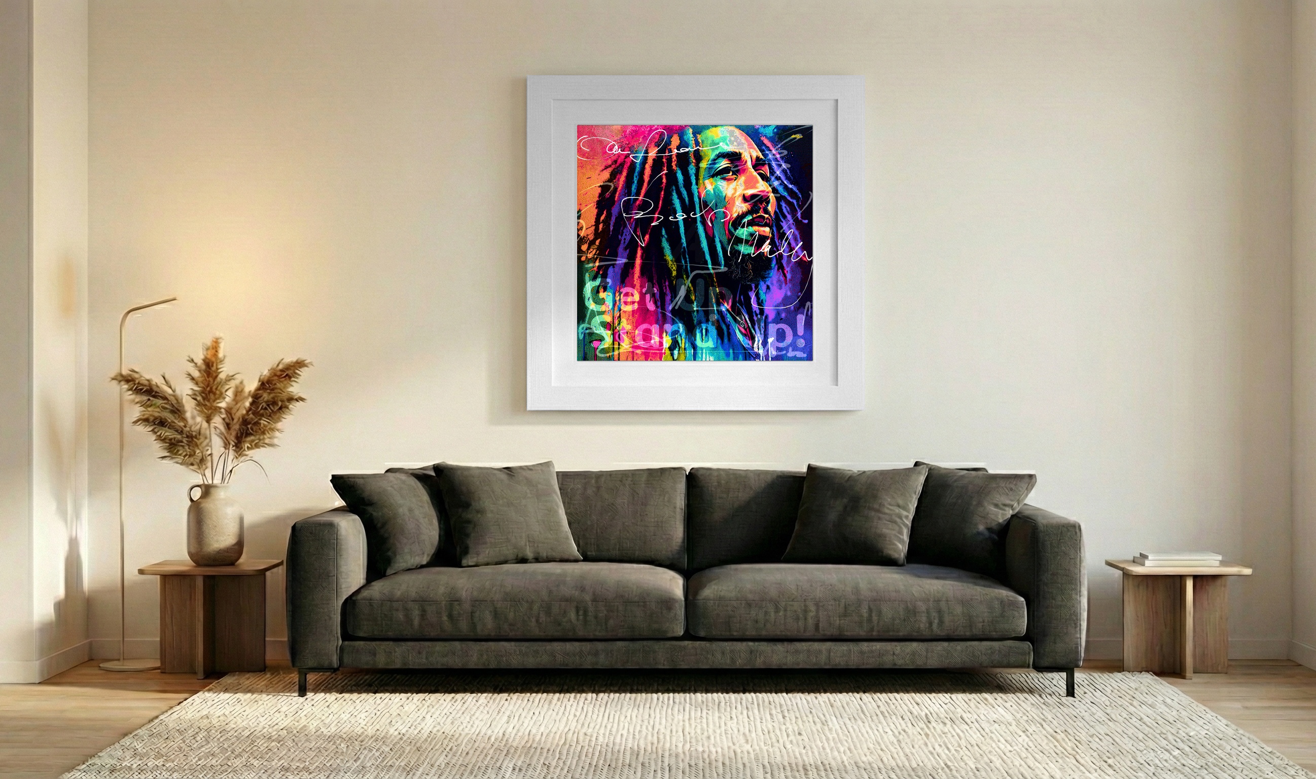 Lillac and Teal Bob Marley Portrait — art on the wall, room interior preview 3