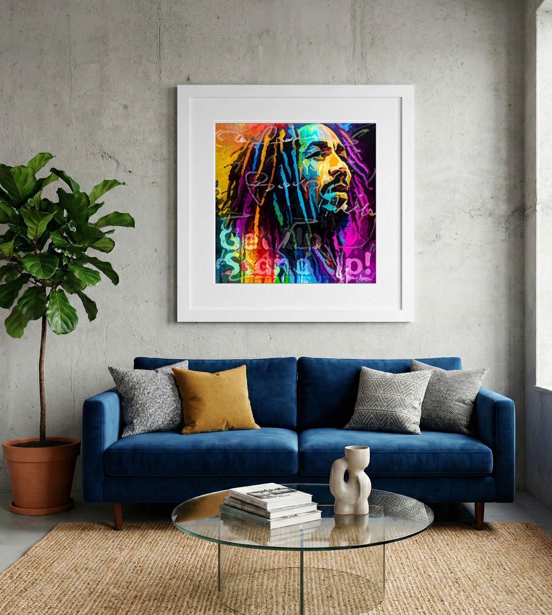 Vivid Colorful Bob Marley Digital Portrait — art on the wall, room interior preview 2