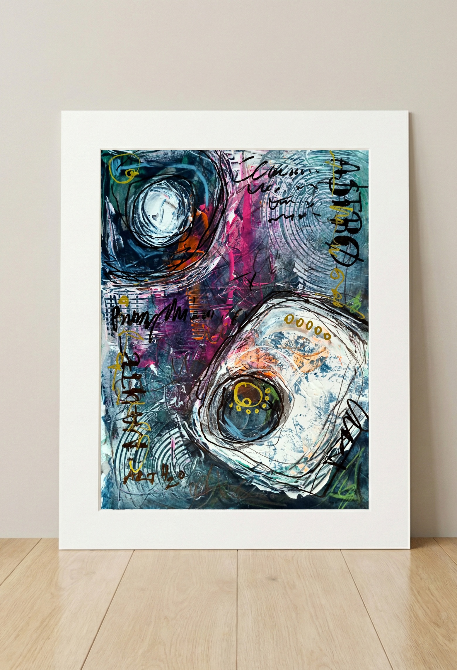 Aqua and Purple Cosmic Abstract on Paper — art on the wall, room interior preview 3