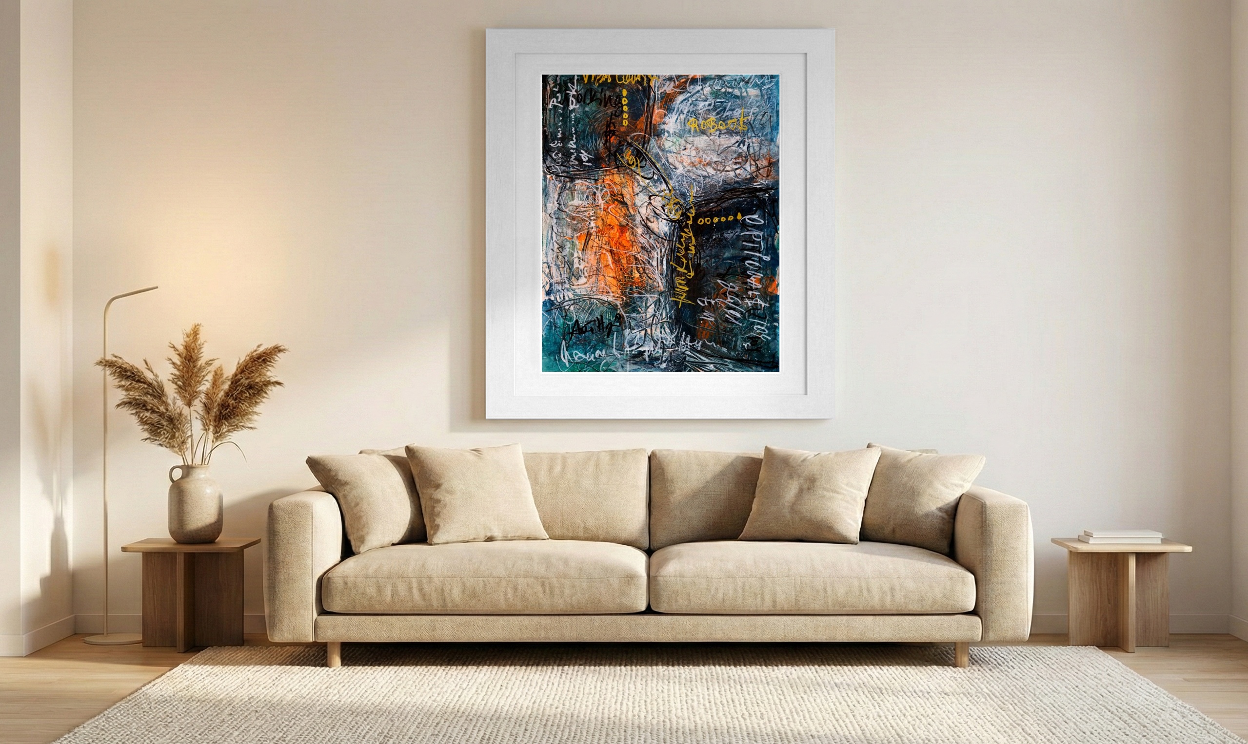 Turquoise and Orange Abstract on Paper — art on the wall, room interior preview 1