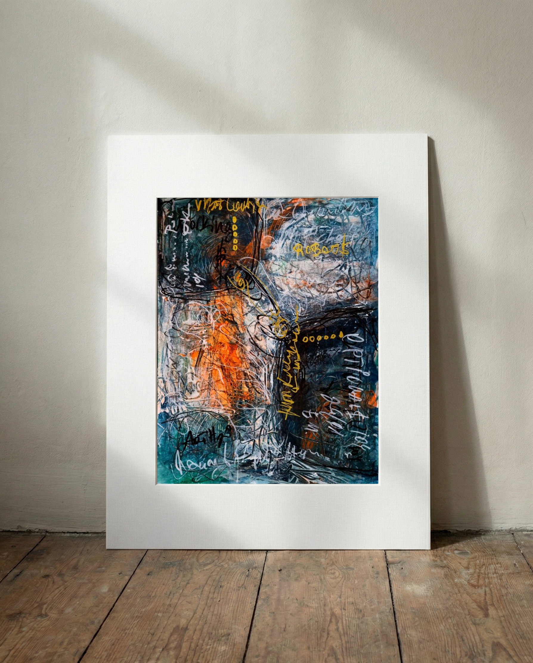 Turquoise and Orange Abstract on Paper — art on the wall, room interior preview 3