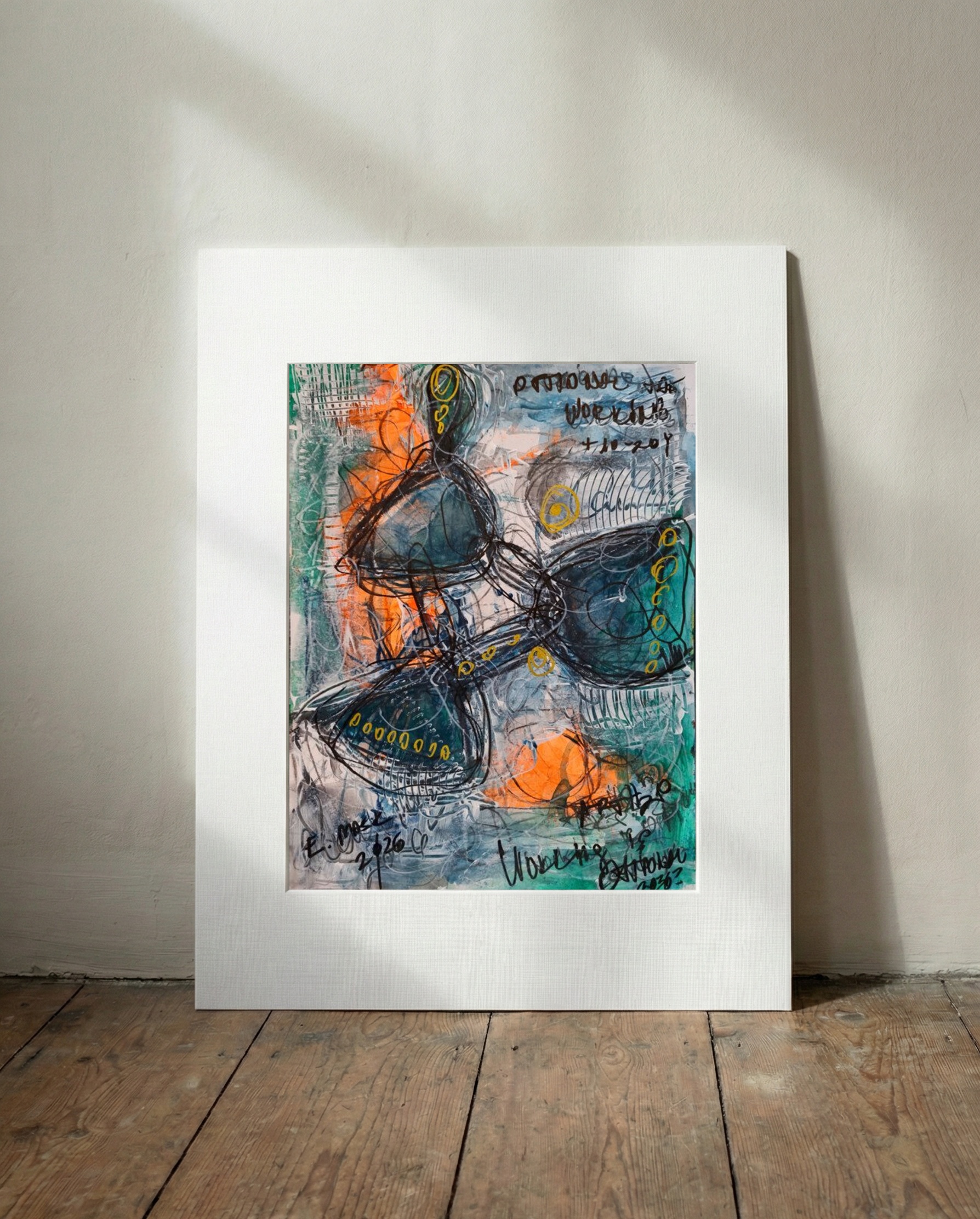 Turquoise and Orange Abstract on Paper — art on the wall, room interior preview 2
