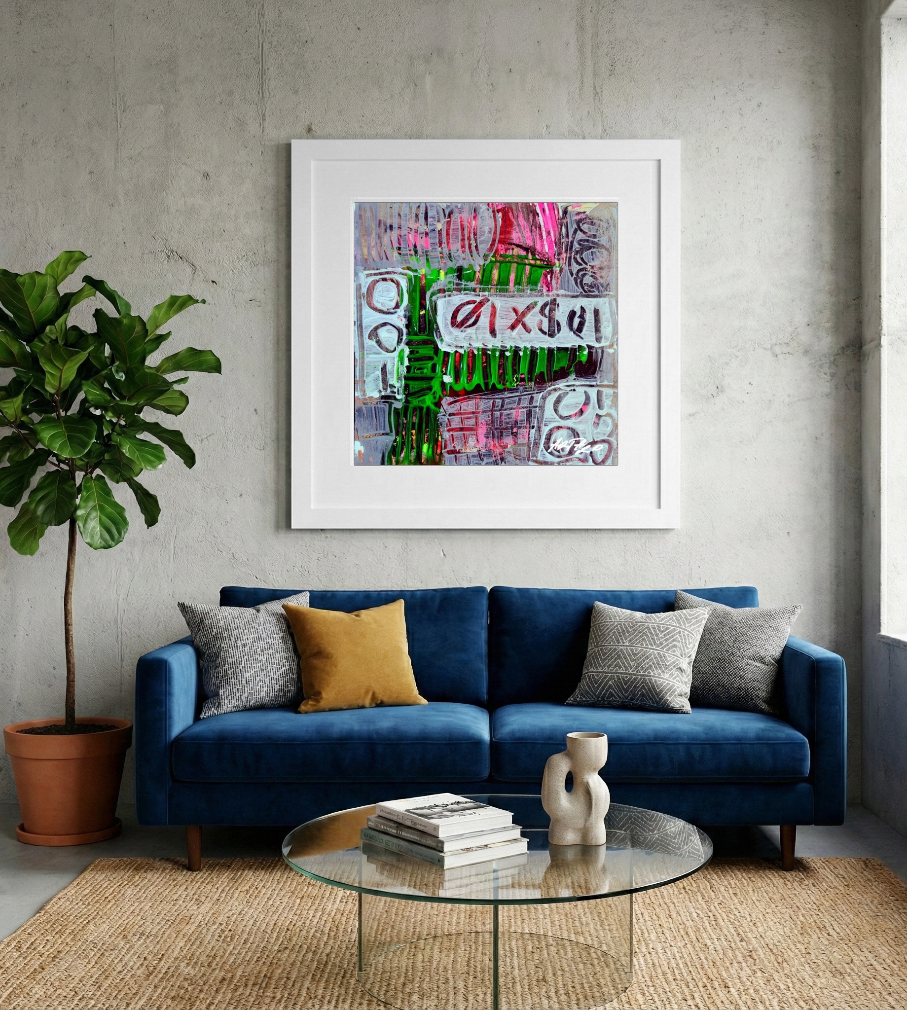 Explosive Pink and Green Abstract on Paper — art on the wall, room interior preview 1