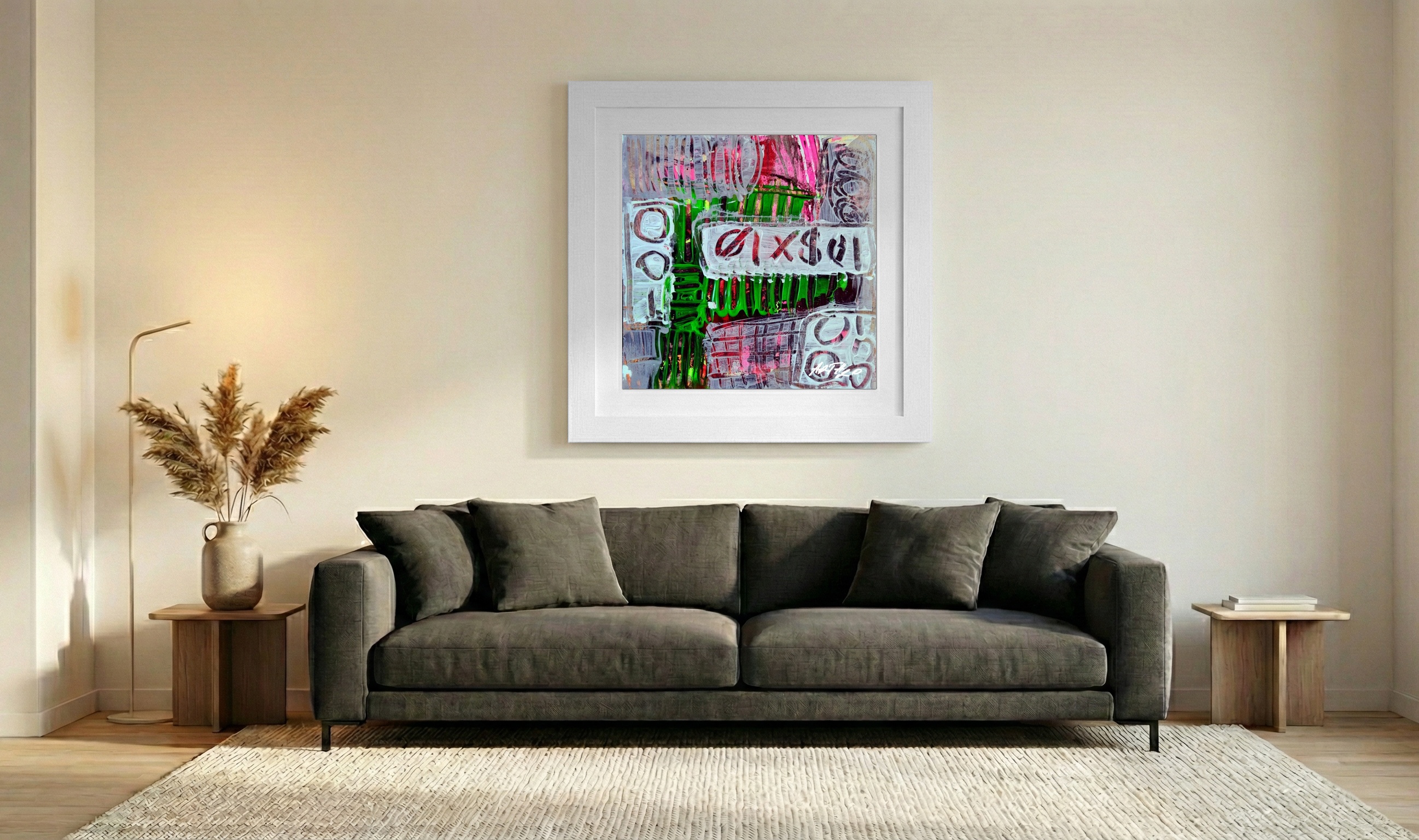Explosive Pink and Green Abstract on Paper — art on the wall, room interior preview 2