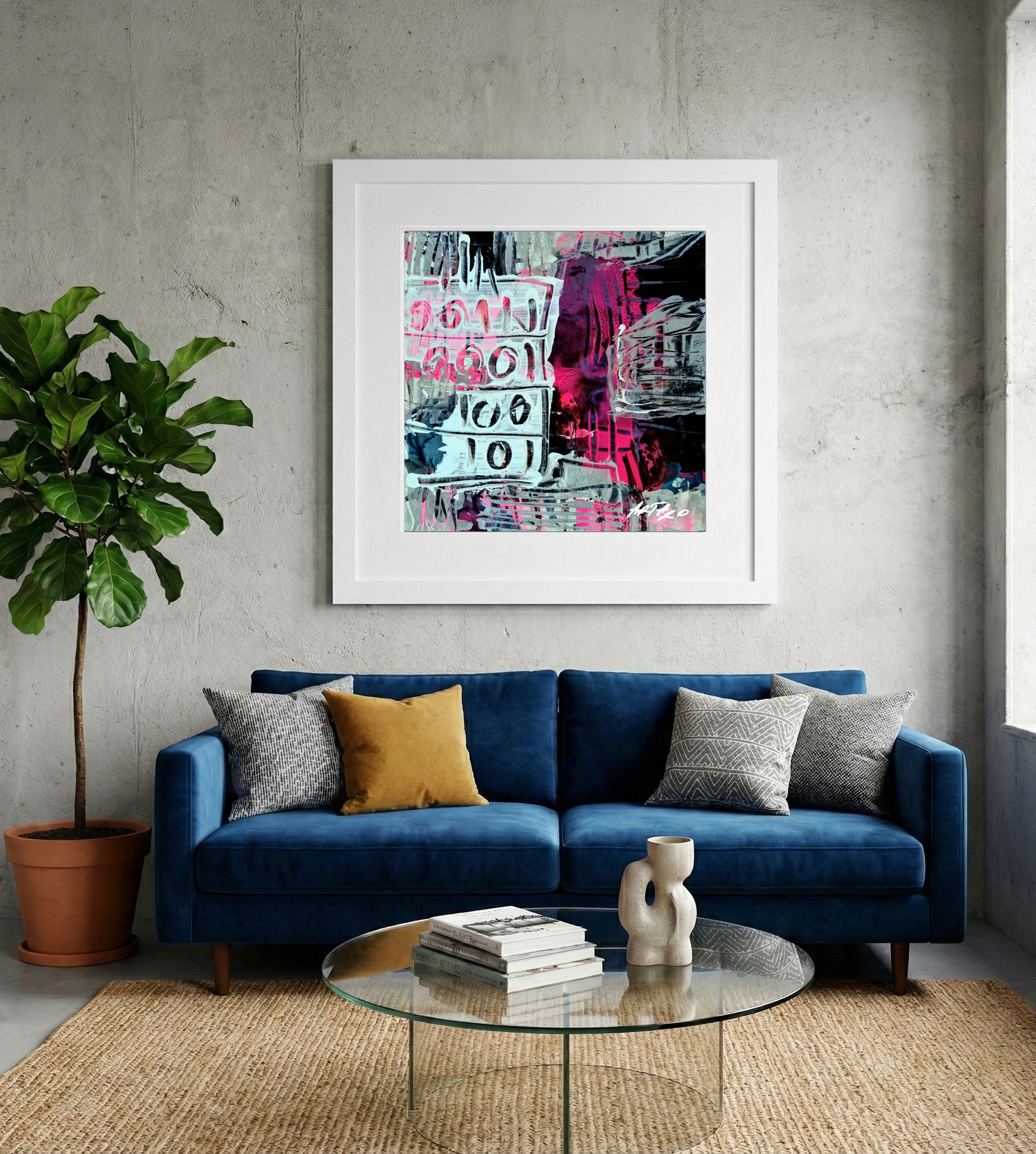Vivid Pink and Gray Acrylic Composition — art on the wall, room interior preview 1