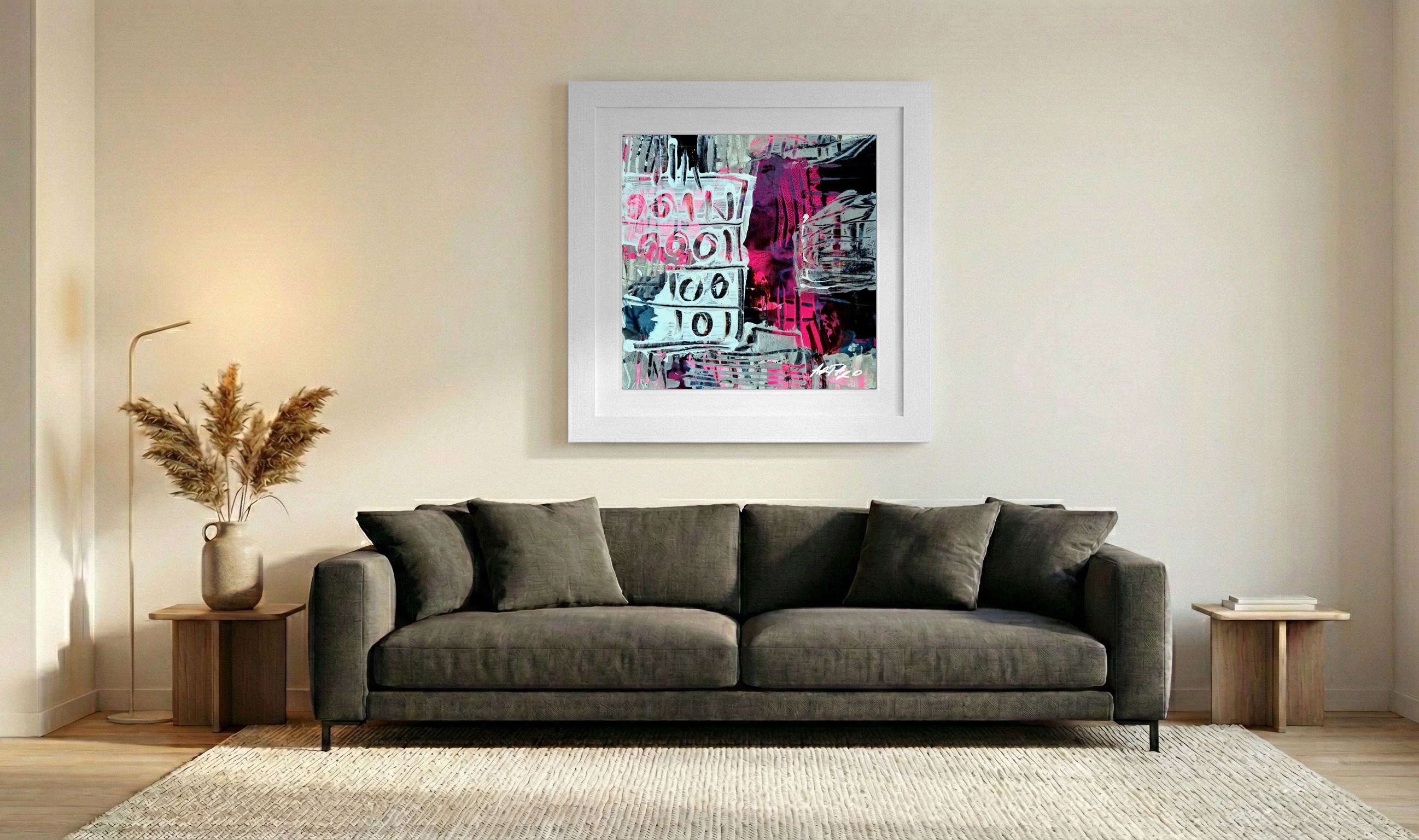 Vivid Pink and Gray Acrylic Composition — art on the wall, room interior preview 2