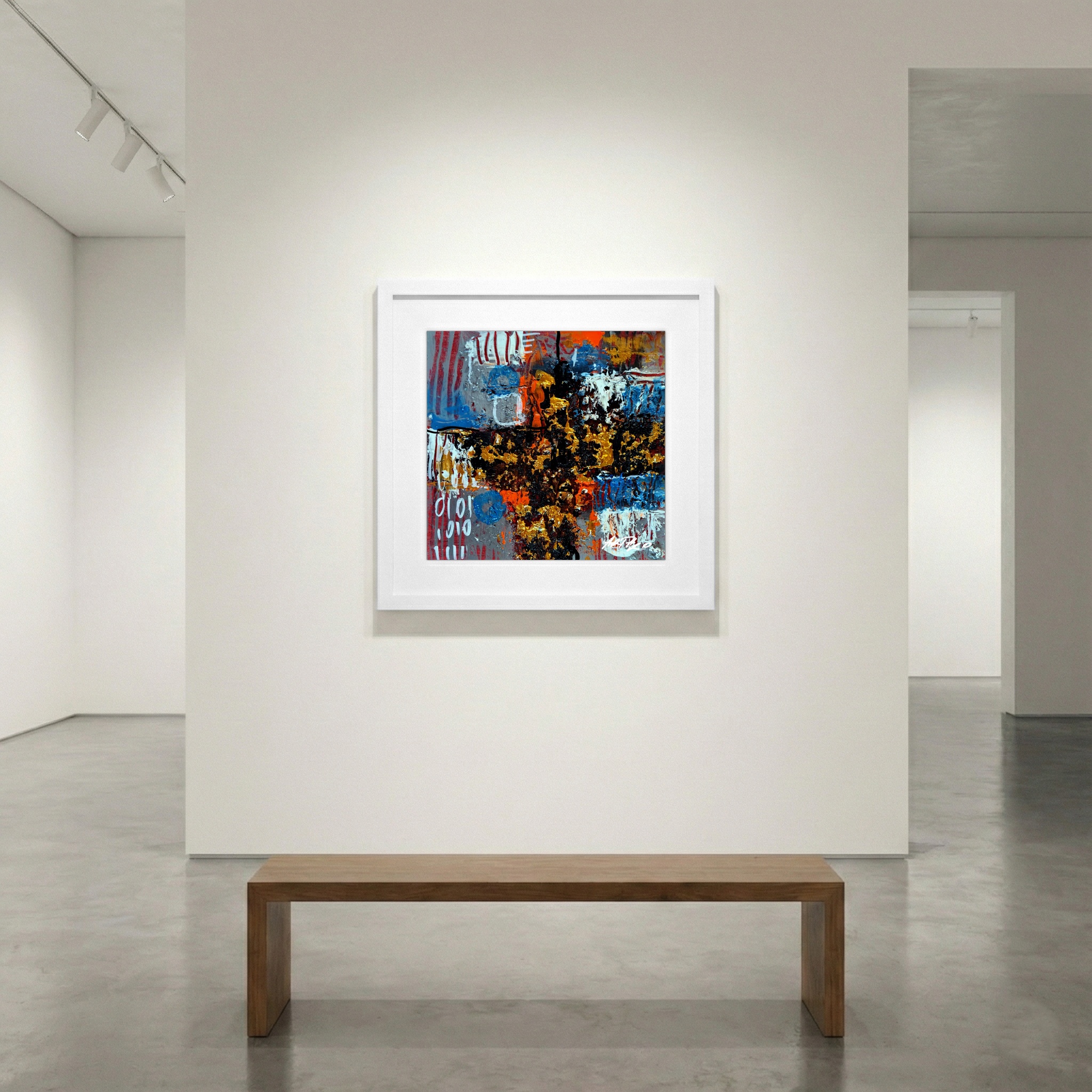 Gold and Blue Abstract Burst on Paper — art on the wall, room interior preview 1