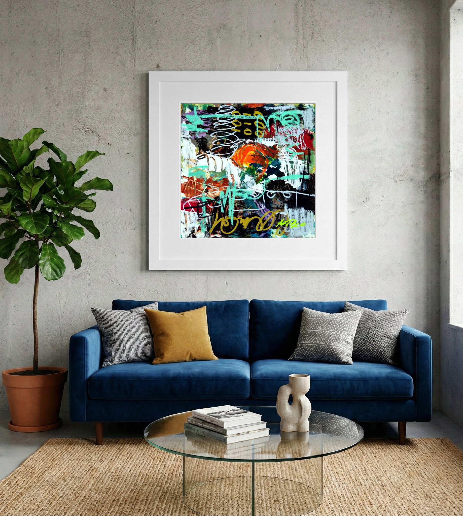Bold Orange and Black Abstract on Paper — art on the wall, room interior preview 2