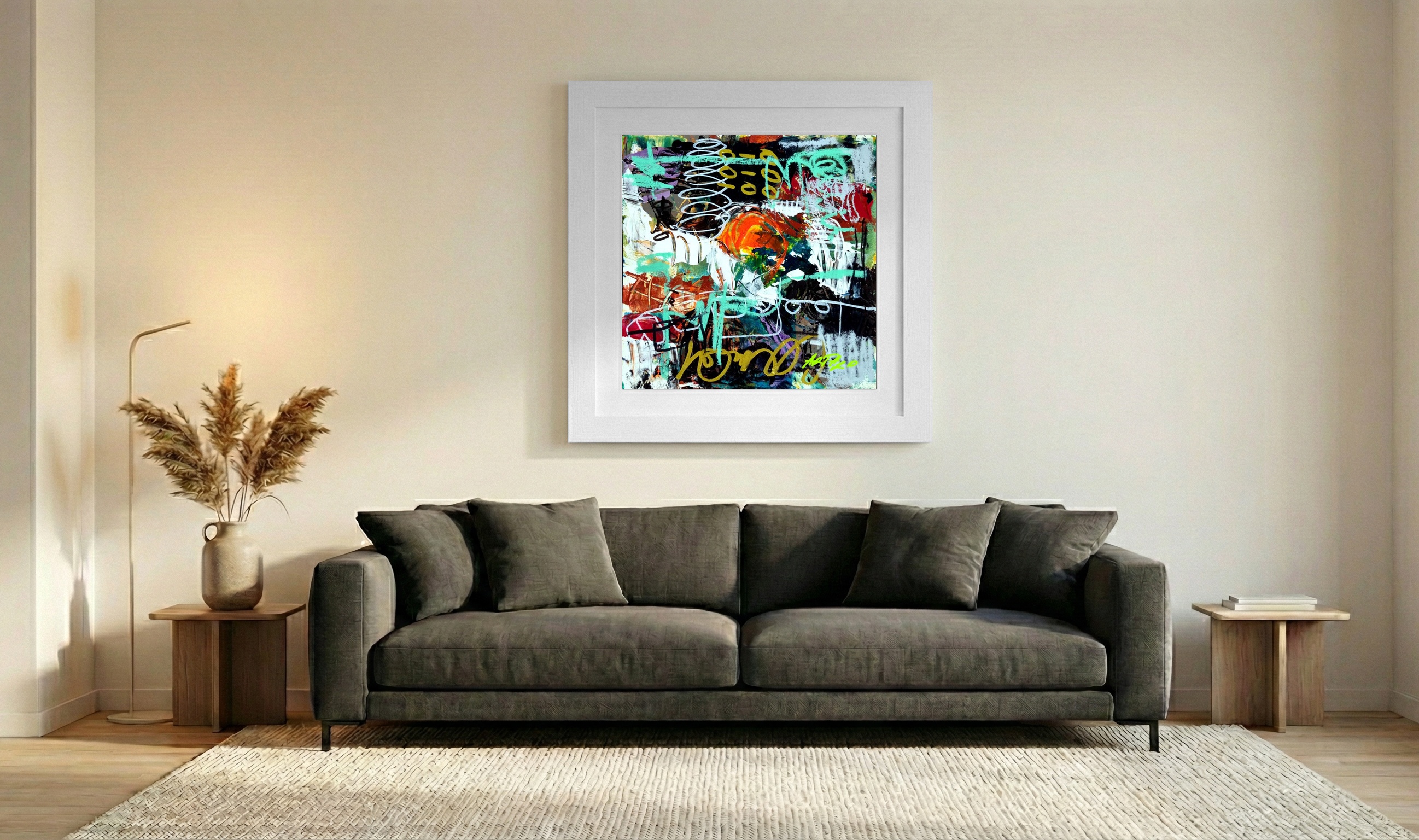 Bold Orange and Black Abstract on Paper — art on the wall, room interior preview 3