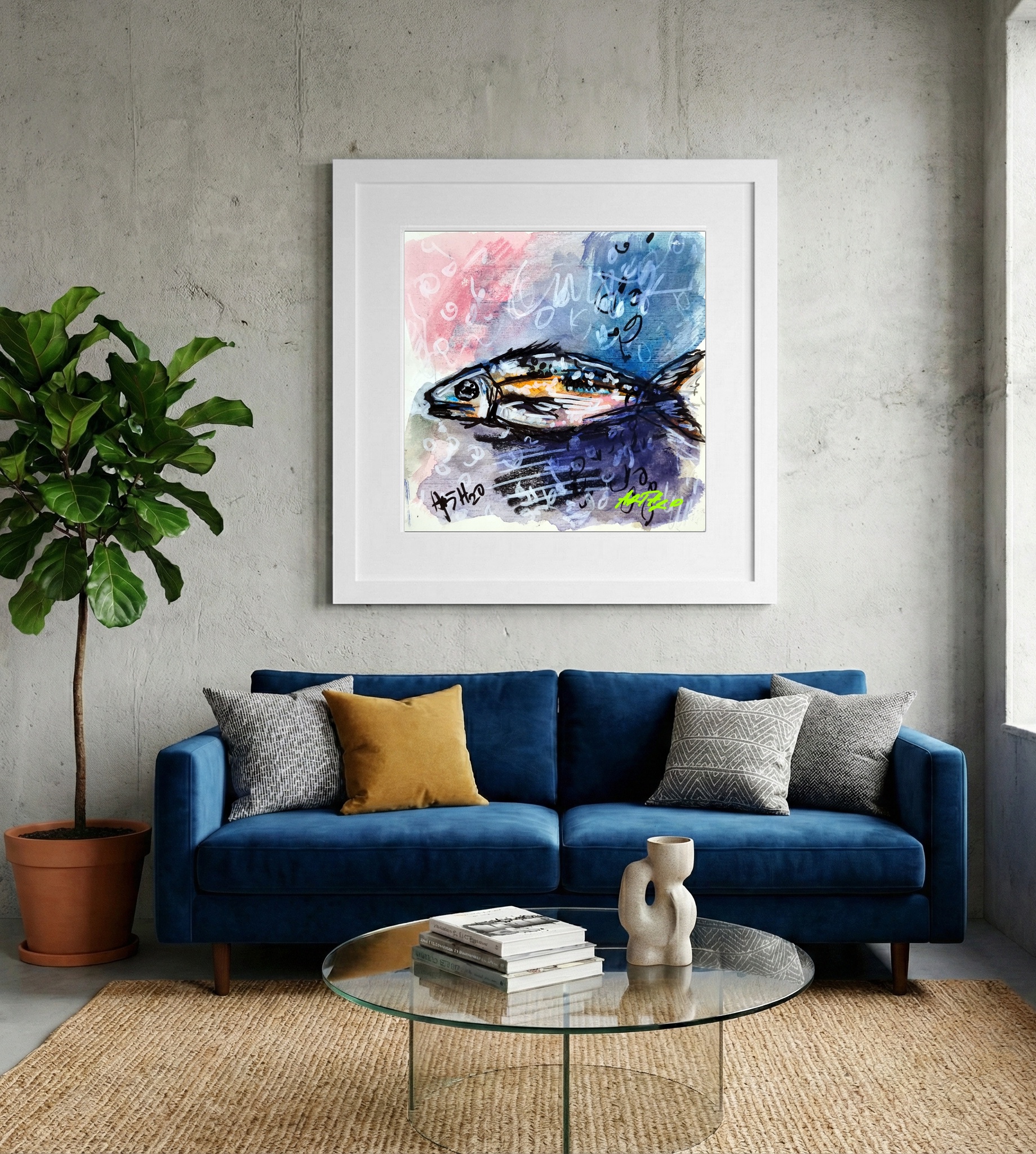 Shimmering Blue Fish in Watercolor — art on the wall, room interior preview 2