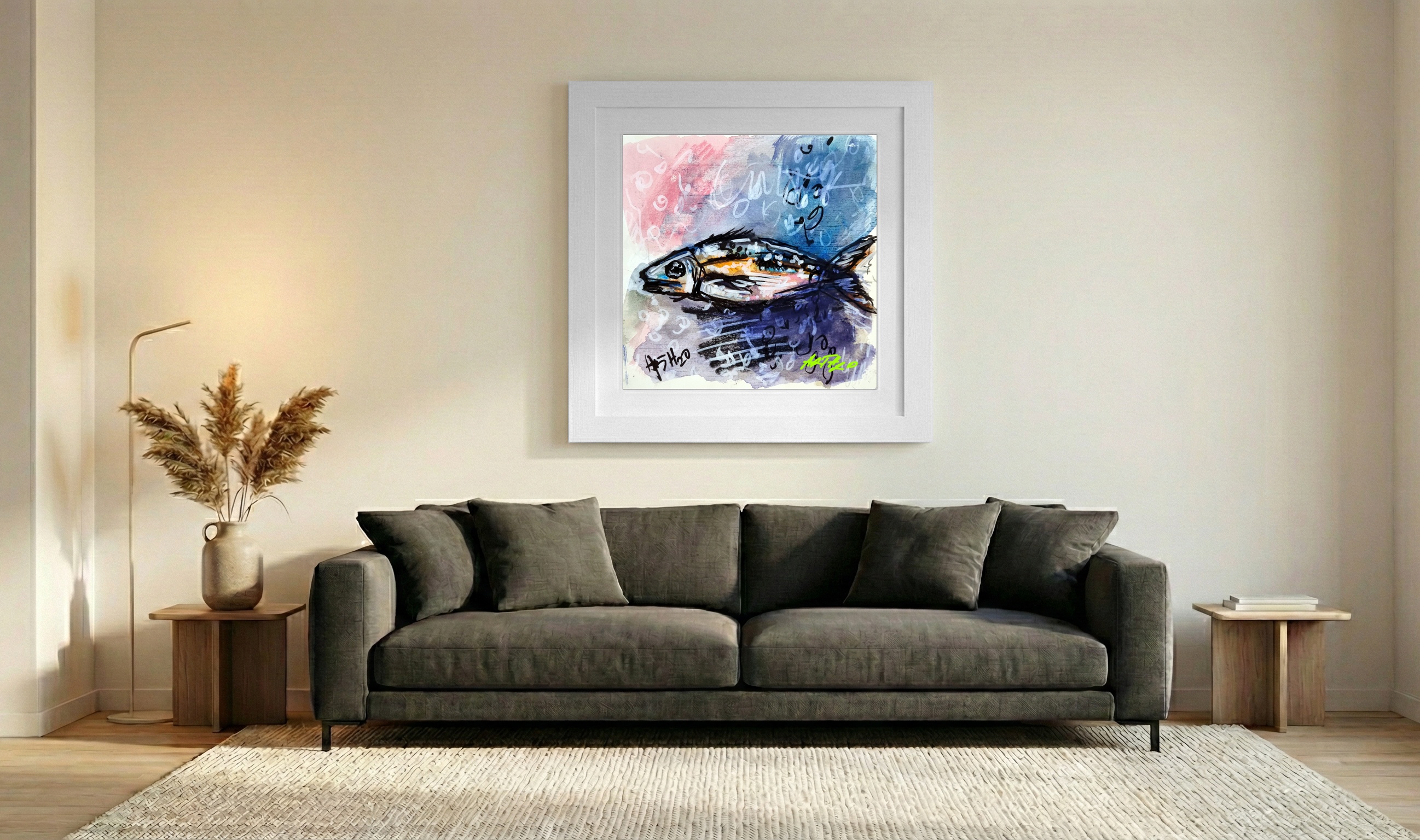 Shimmering Blue Fish in Watercolor — art on the wall, room interior preview 3