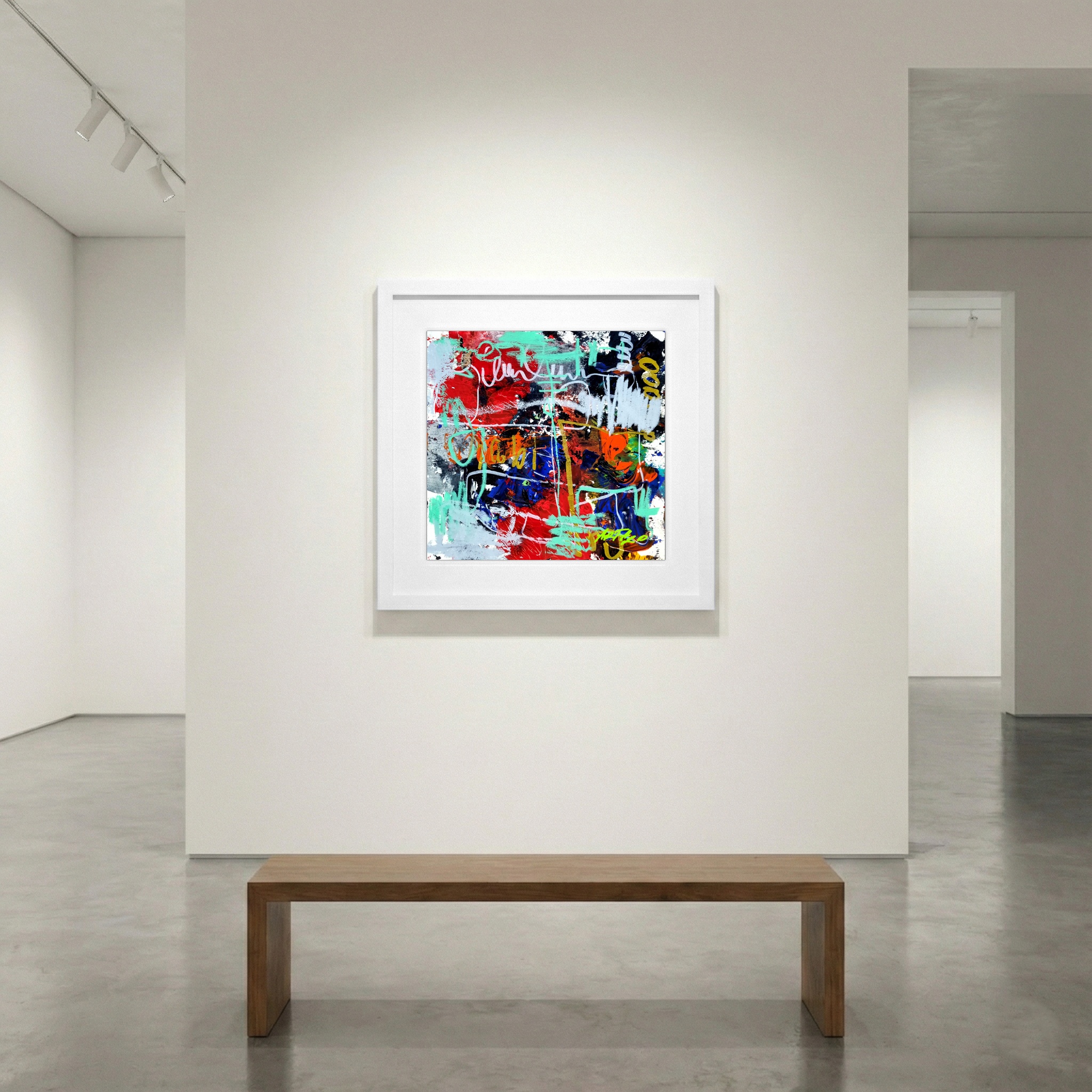 Crimson and Turquoise Abstract Dance — art on the wall, room interior preview 1