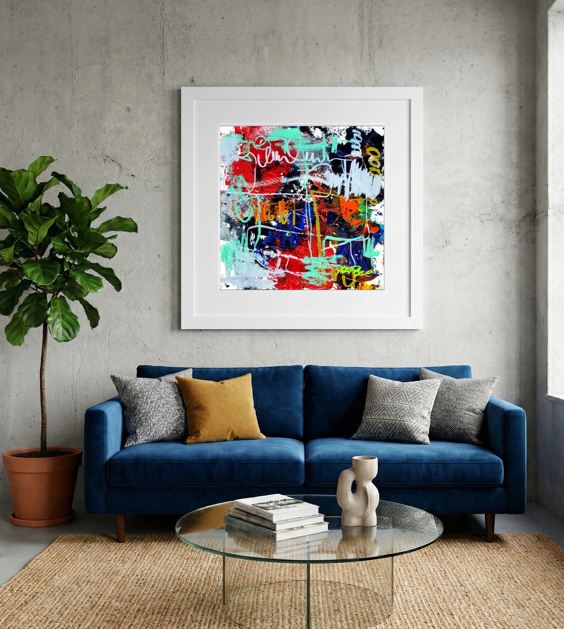 Crimson and Turquoise Abstract Dance — art on the wall, room interior preview 2