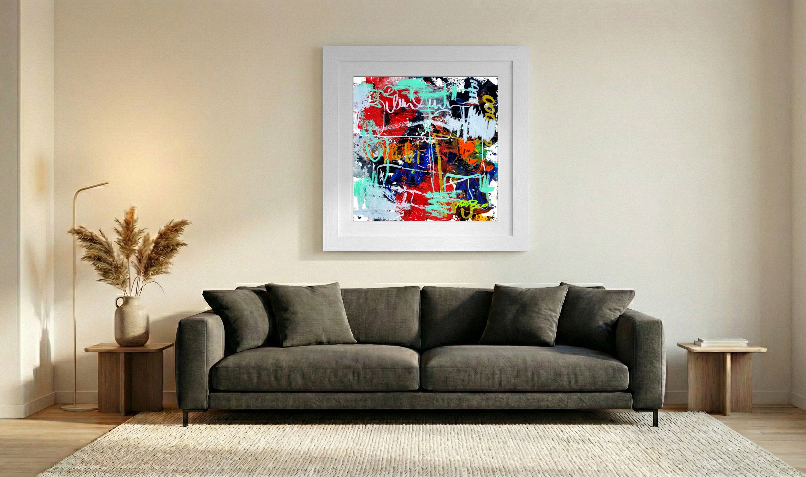 Crimson and Turquoise Abstract Dance — art on the wall, room interior preview 3