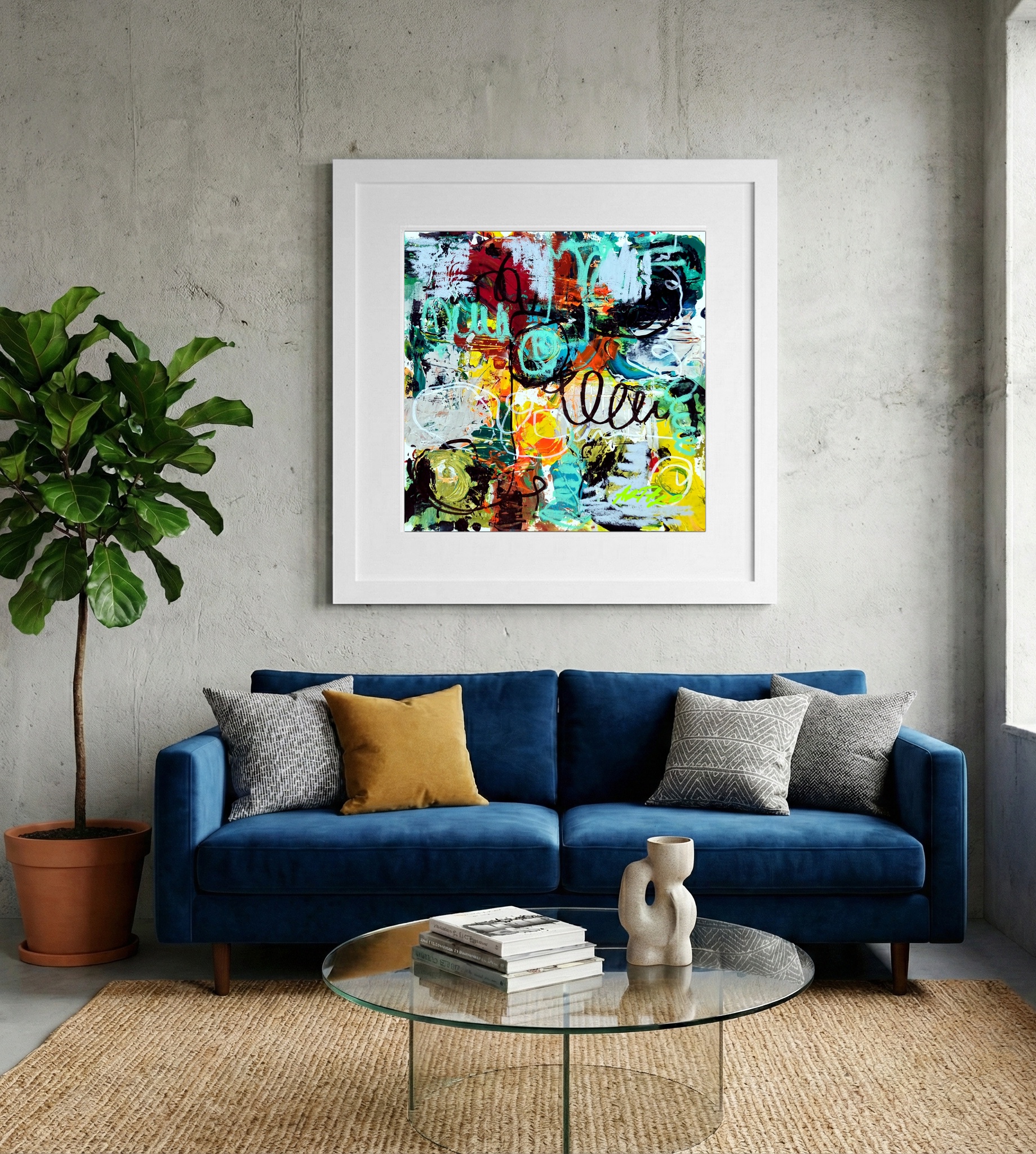 Crimson and Turquoise Abstract on Paper — art on the wall, room interior preview 2