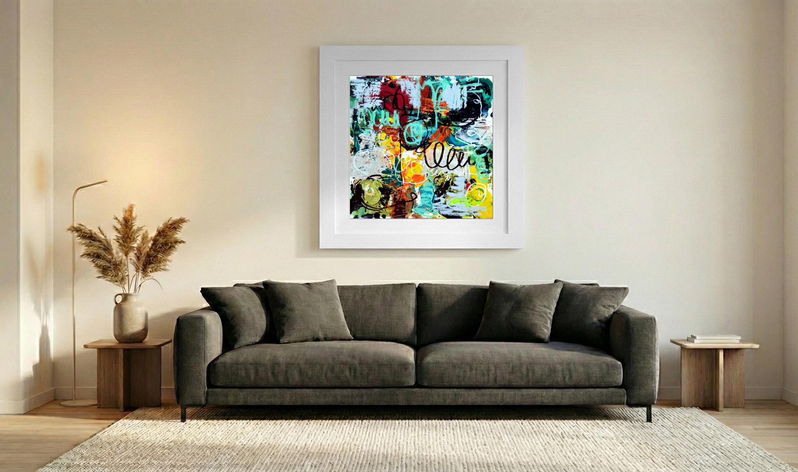 Crimson and Turquoise Abstract on Paper — art on the wall, room interior preview 3