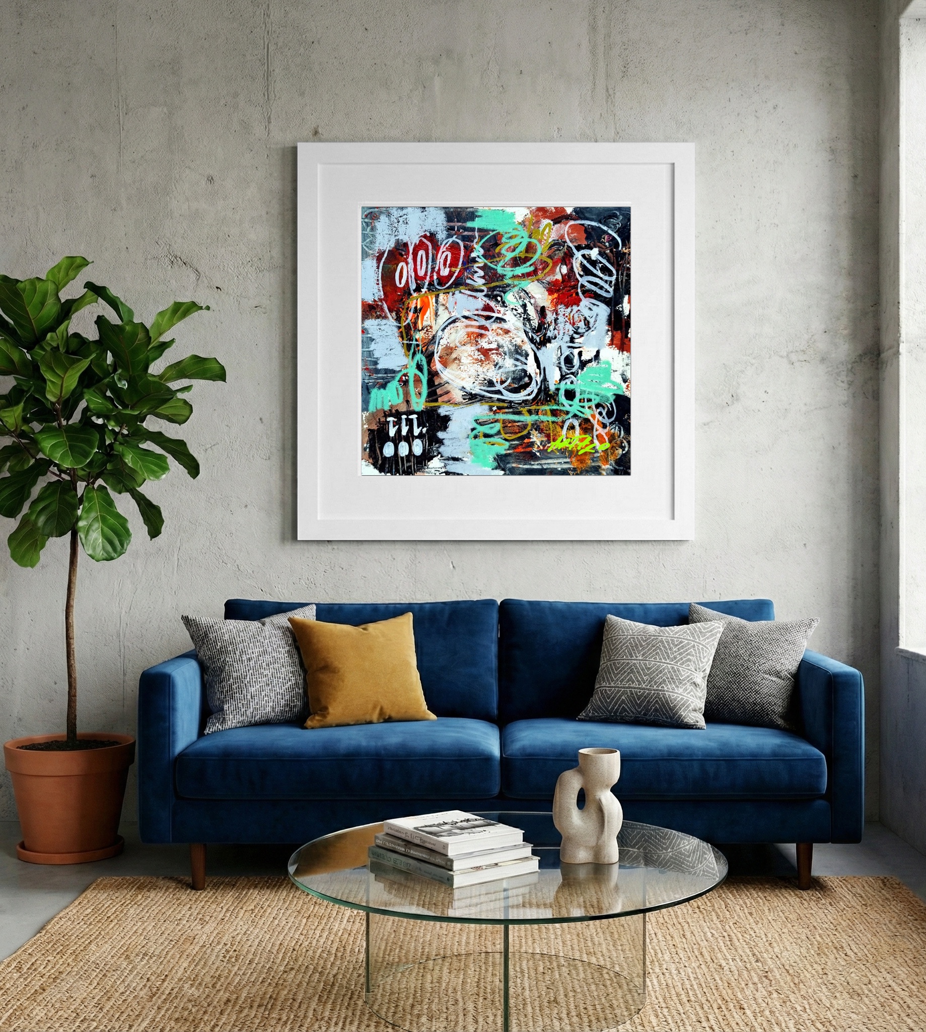 Dynamic Cerulean and Crimson Abstract — art on the wall, room interior preview 2