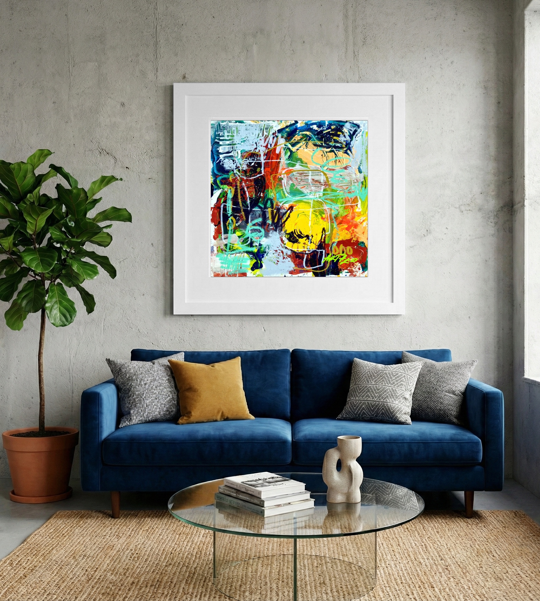 Vivid Yellow and Green Abstract on Paper — art on the wall, room interior preview 2