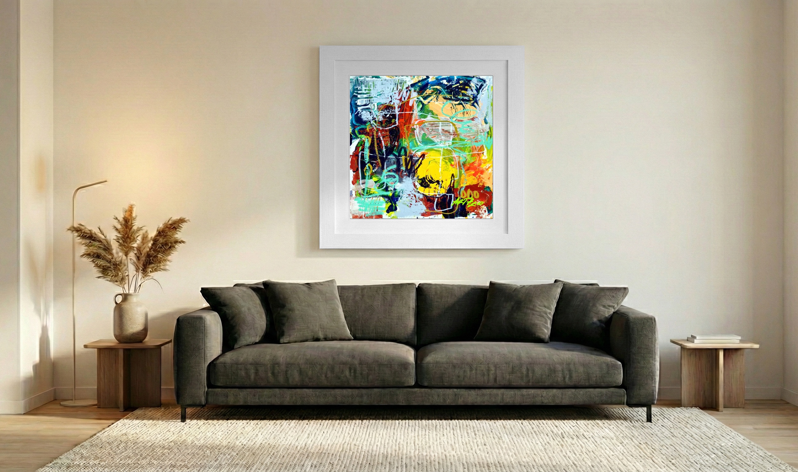 Vivid Yellow and Green Abstract on Paper — art on the wall, room interior preview 3