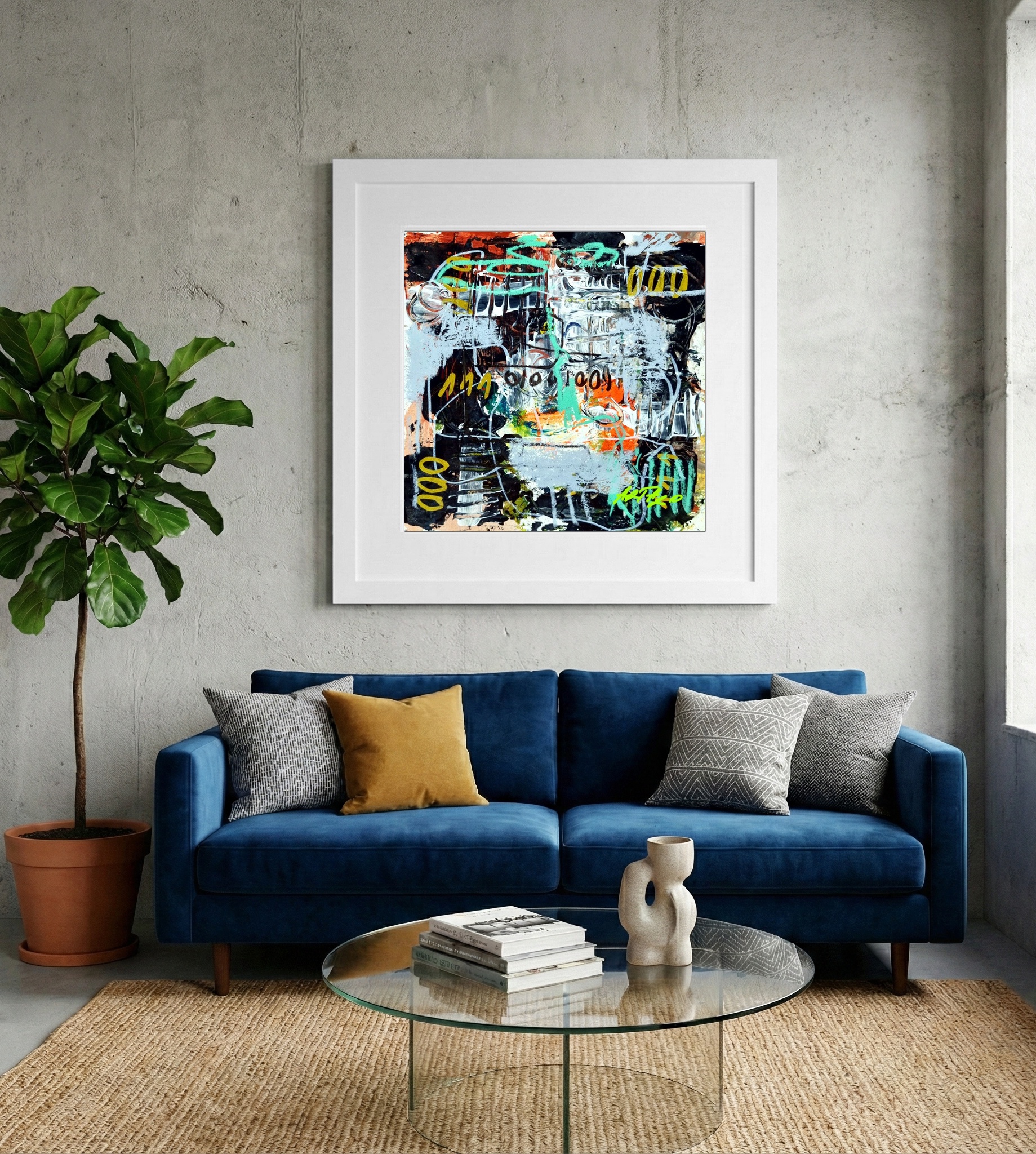 Vivid Turquoise and Orange Abstract — art on the wall, room interior preview 2