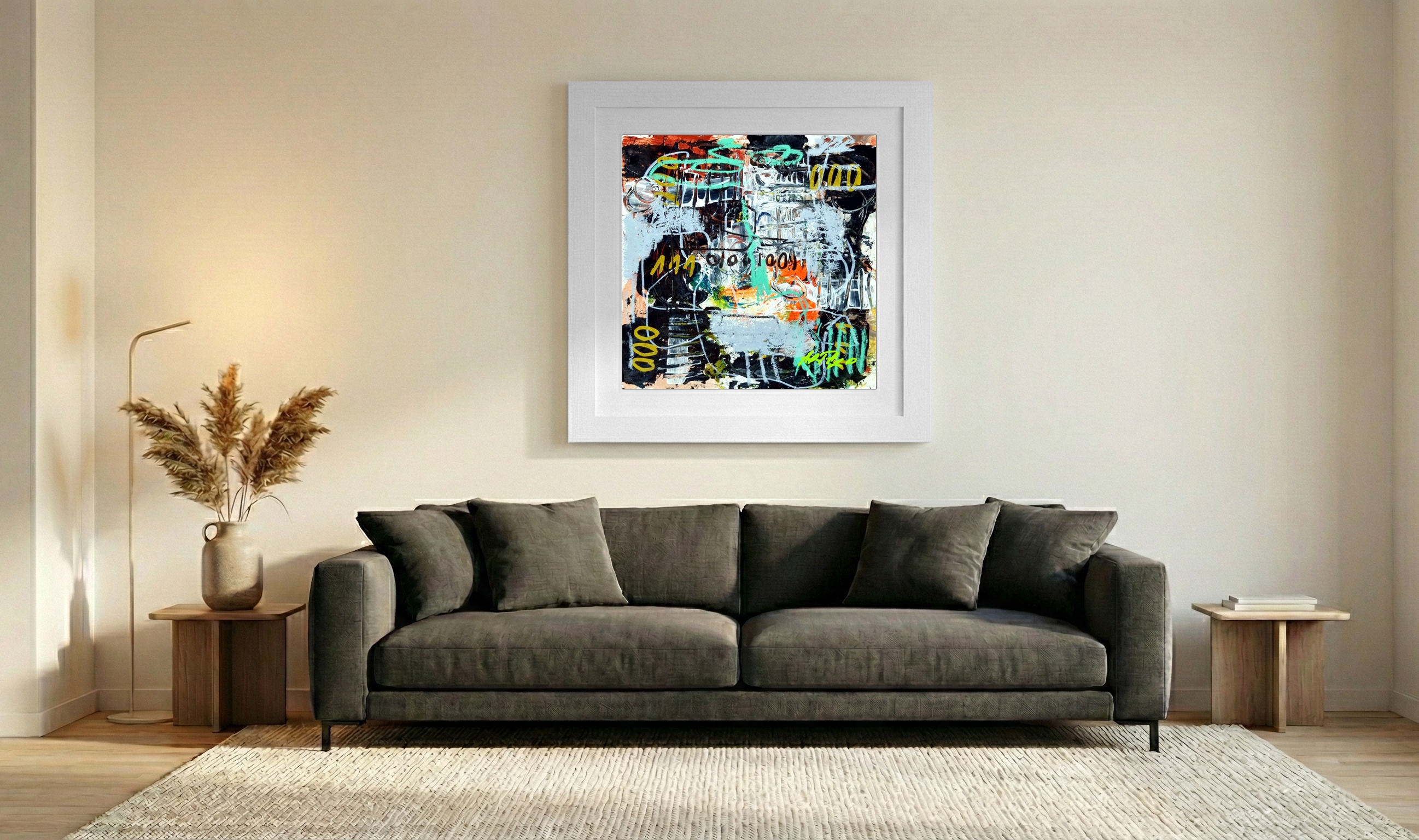 Vivid Turquoise and Orange Abstract — art on the wall, room interior preview 3