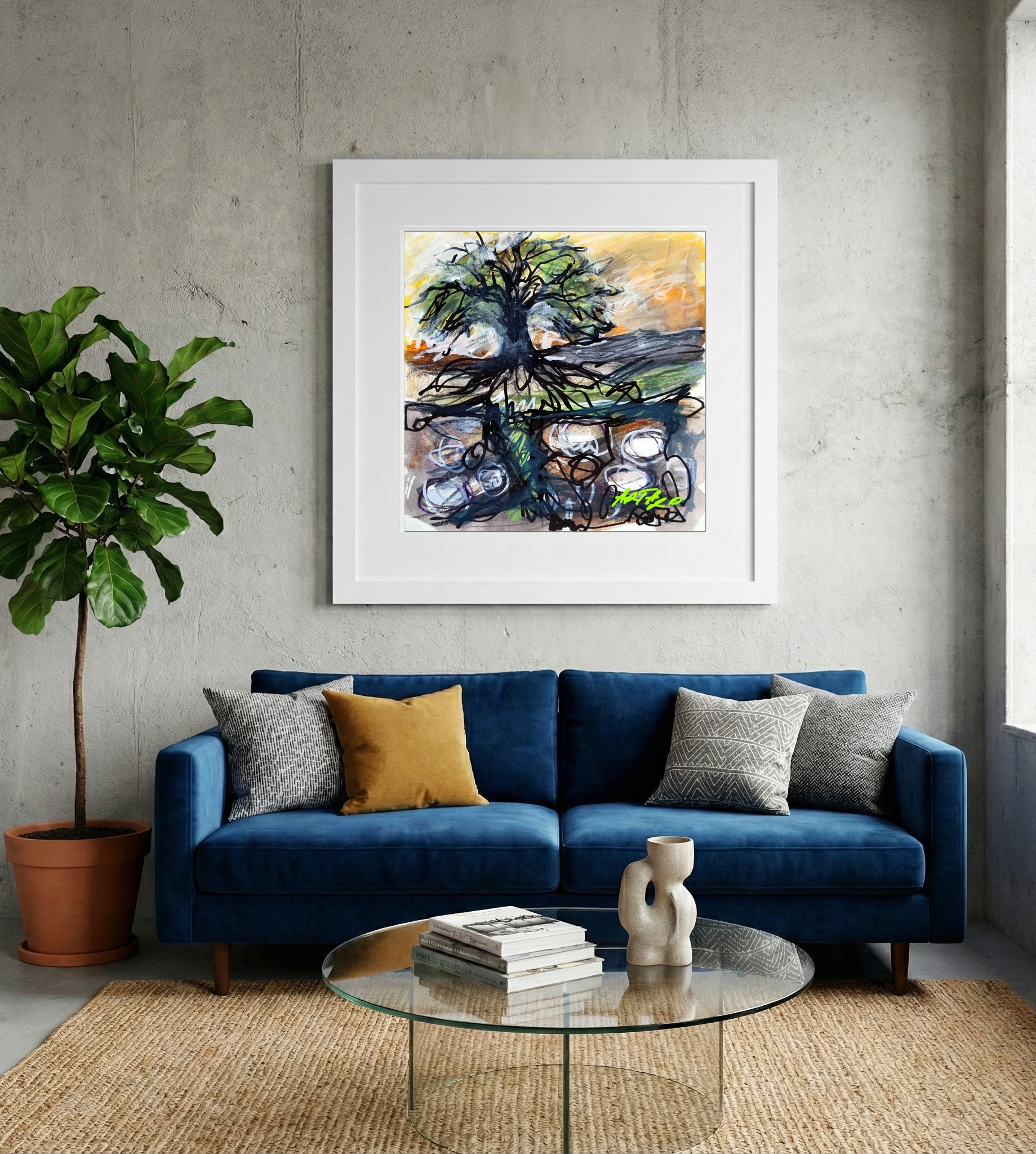 Emerald and Black Abstract Tree on Paper — art on the wall, room interior preview 2