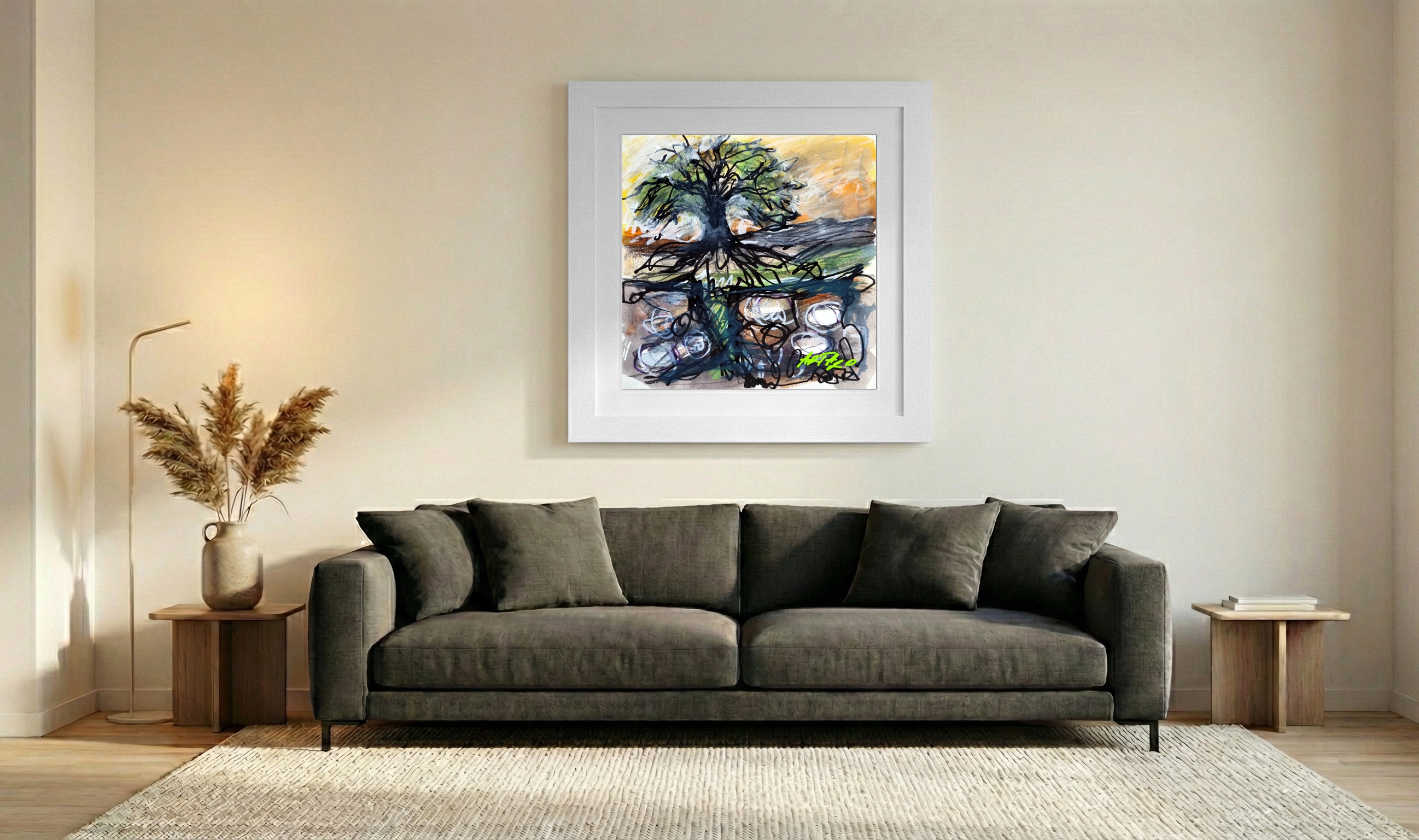 Emerald and Black Abstract Tree on Paper — art on the wall, room interior preview 3