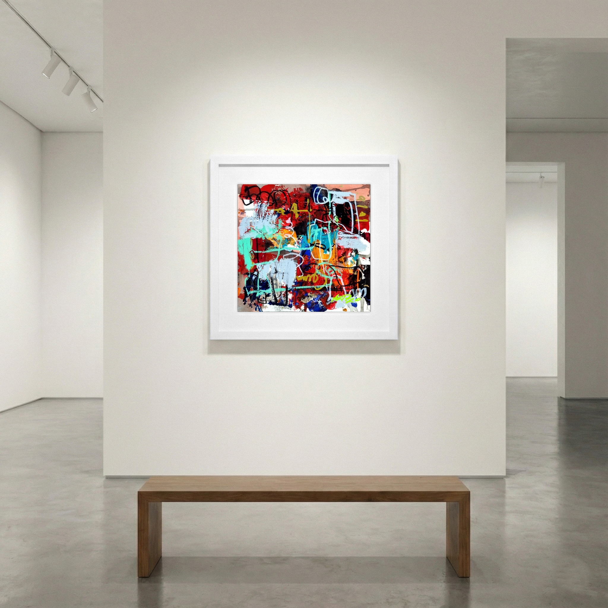 Crimson and Blue Energetic Abstract on Paper — art on the wall, room interior preview 1