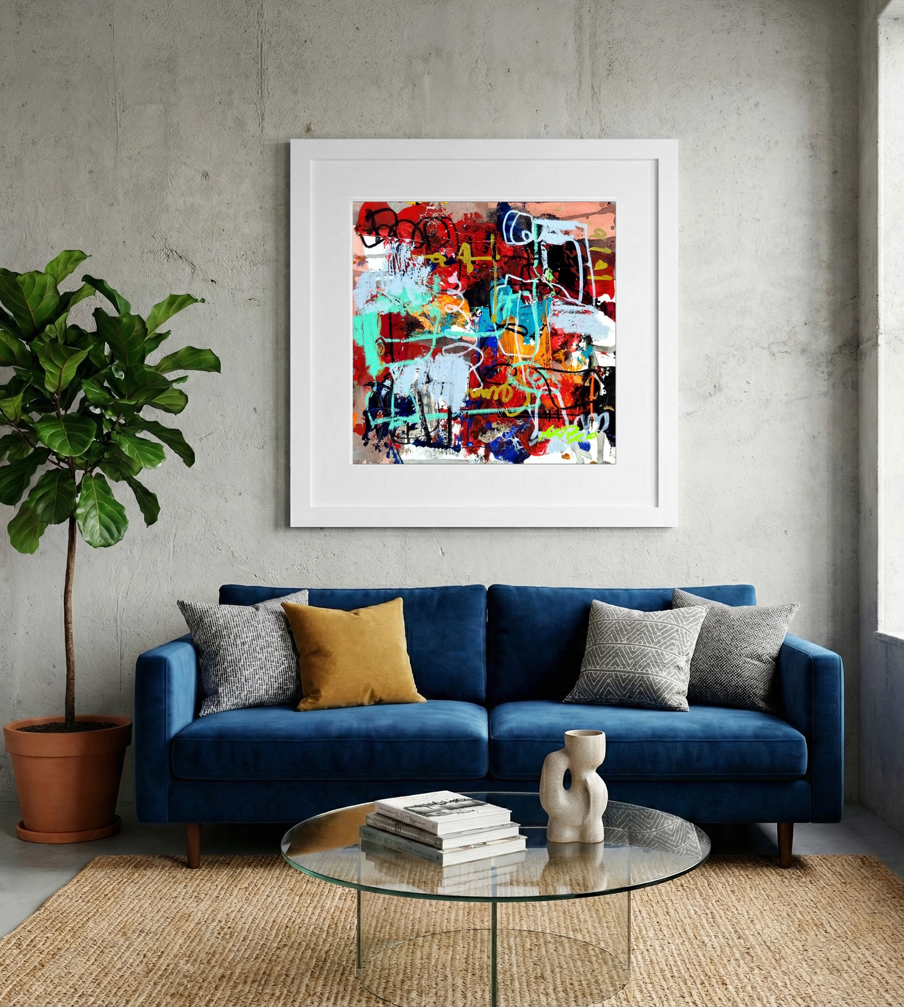 Crimson and Blue Energetic Abstract on Paper — art on the wall, room interior preview 2